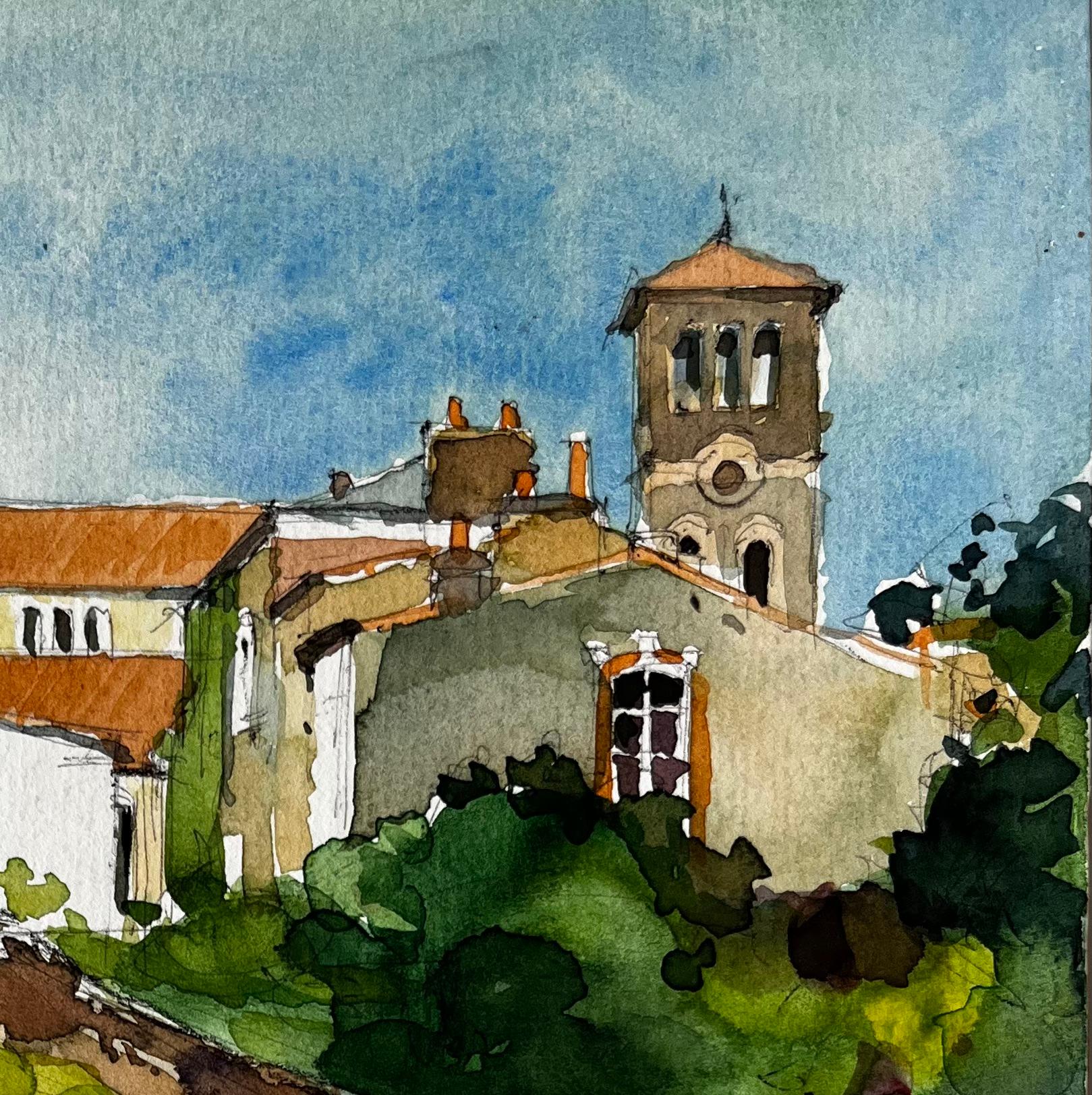 French Hilltop Village and Church by Pierre Neveu Signed Watercolour Landscape For Sale 2