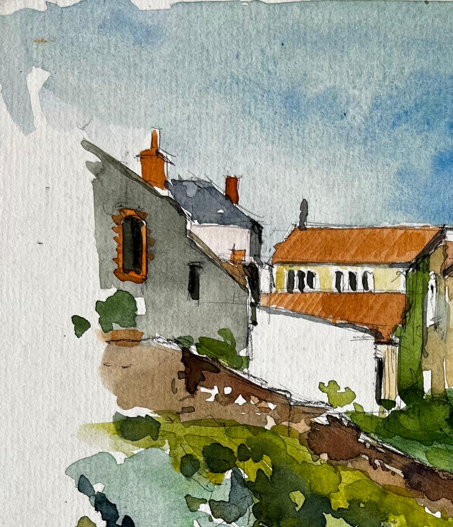 French Hilltop Village and Church by Pierre Neveu Signed Watercolour Landscape For Sale 3