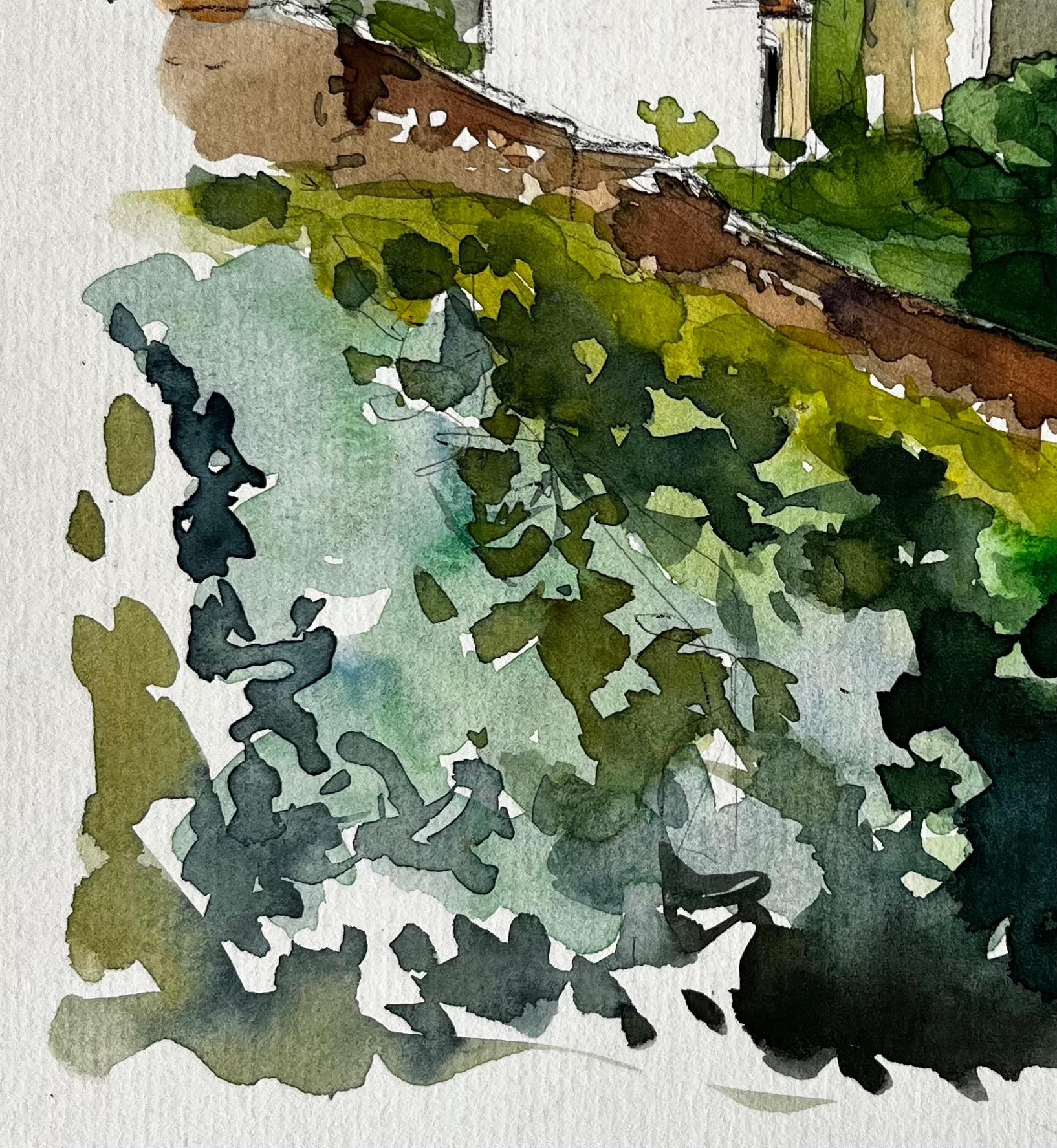 French Hilltop Village and Church by Pierre Neveu Signed Watercolour Landscape For Sale 5