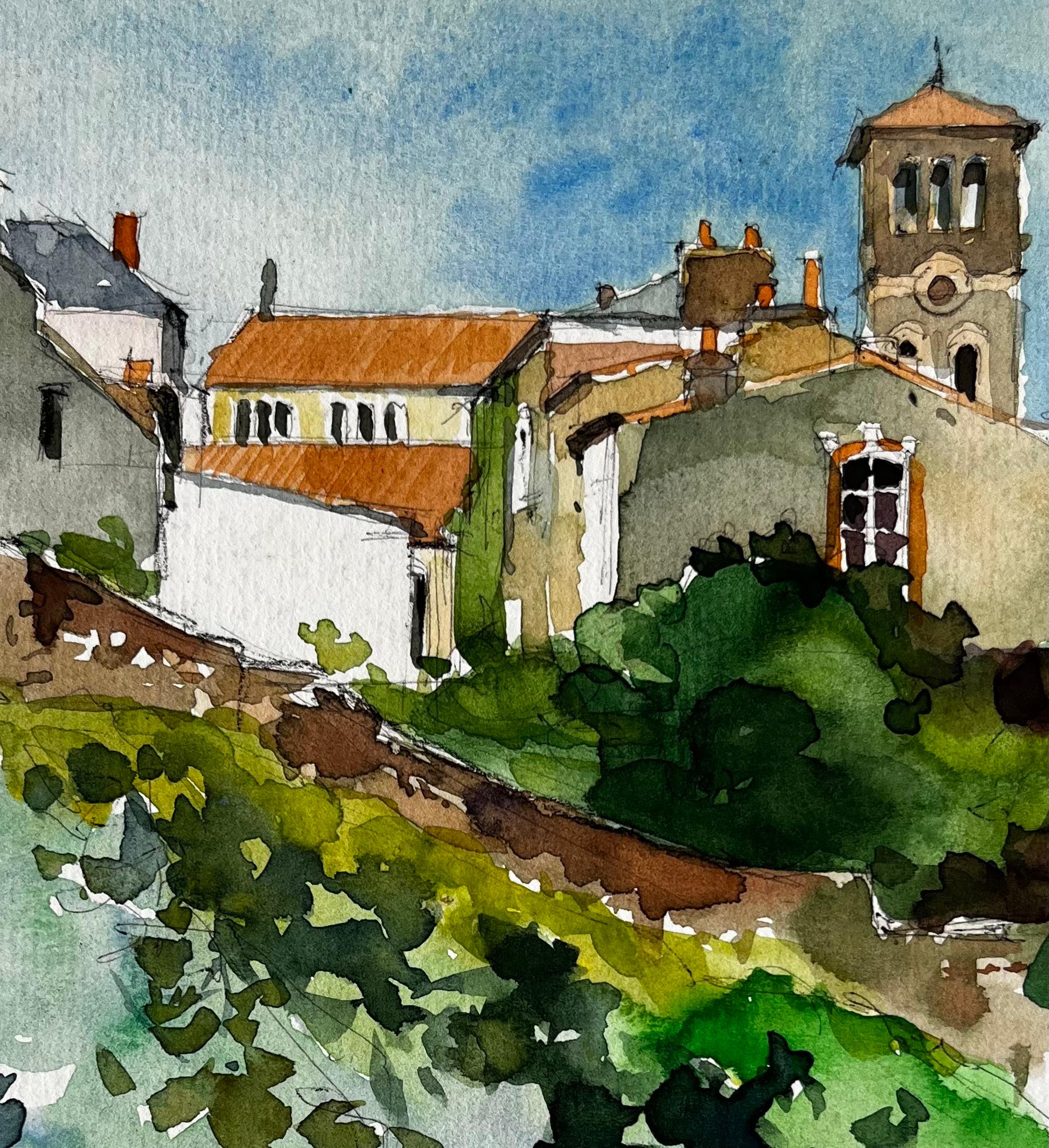 French Hilltop Village and Church by Pierre Neveu Signed Watercolour Landscape For Sale 6
