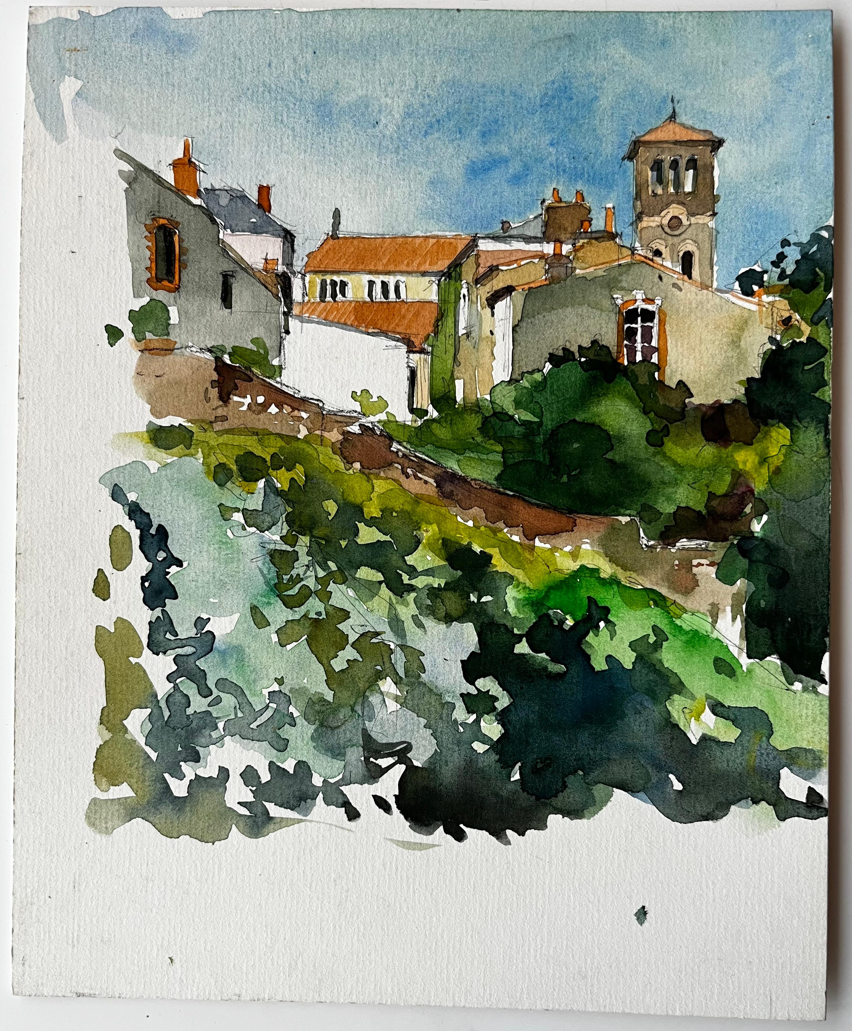 French Hilltop Village and Church by Pierre Neveu Signed Watercolour Landscape For Sale 1