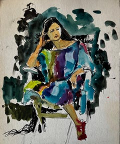 Pierre Neveu - Seated Woman in Colourful Dress by Pierre Neveu French Figurative Study Seated Woman in Colourful Dress by Pierre Neveu French Figurative Study