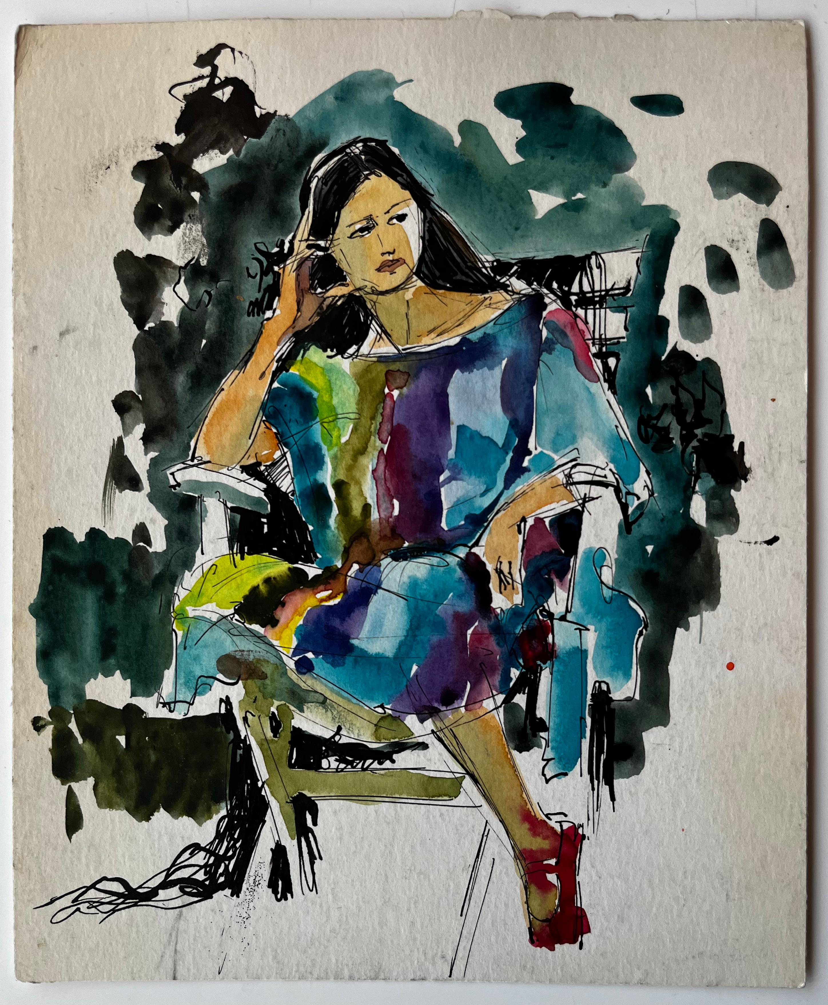 Femme assise en robe colorée par Pierre Neveu Étude figurative française en vente 1