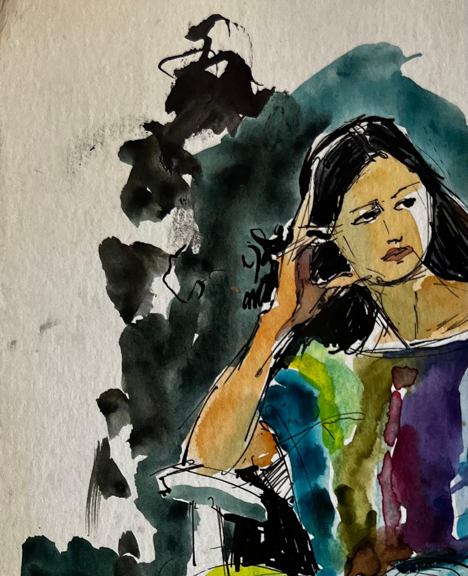 Femme assise en robe colorée par Pierre Neveu Étude figurative française en vente 2