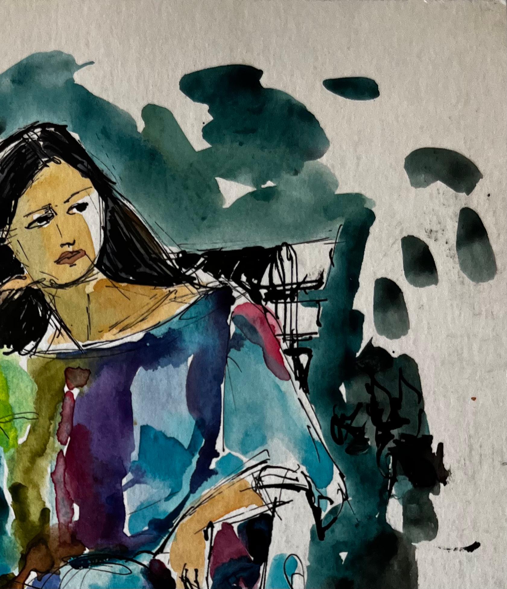 Femme assise en robe colorée par Pierre Neveu Étude figurative française en vente 3