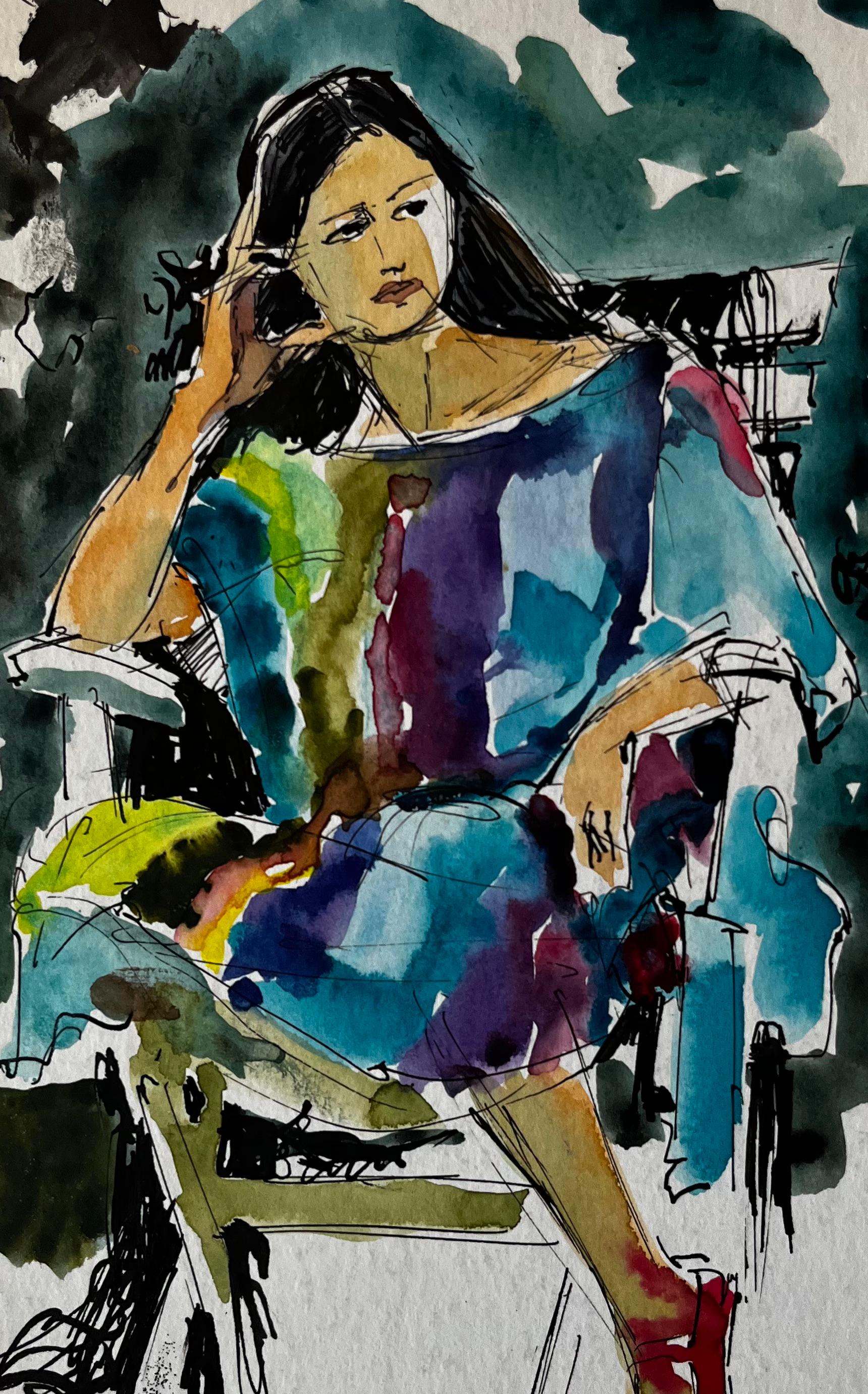 Femme assise en robe colorée par Pierre Neveu Étude figurative française en vente 6