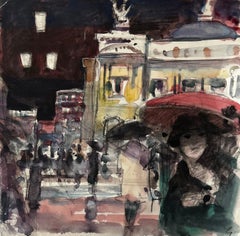 Paris Street Watercolour Scene with Red Umbrella Attributed to Pierre Neveu
