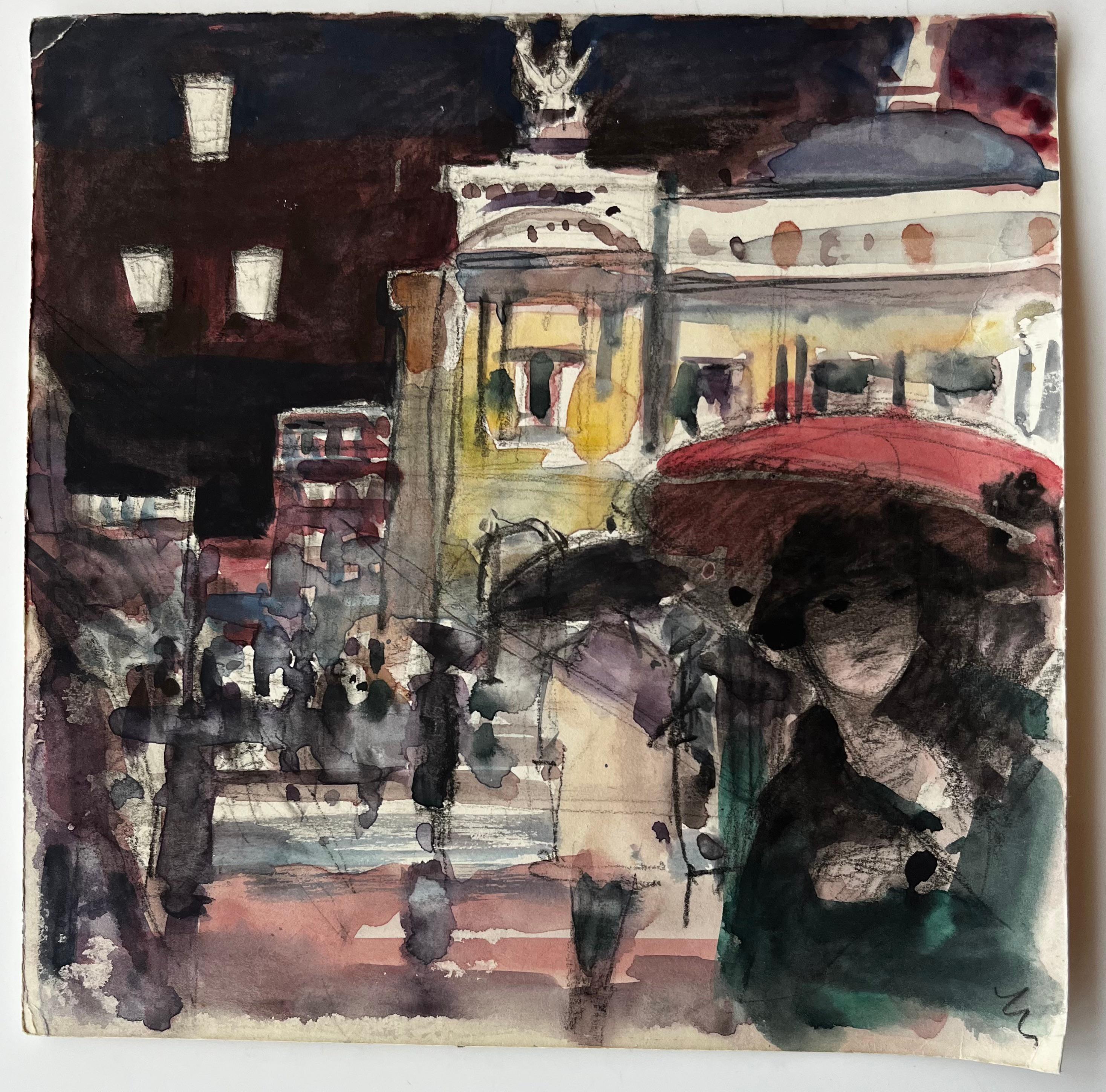 Scène de rue à Paris avec parapluie rouge Attribuée à Pierre Neveu en vente 1