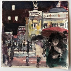 Pariser Straße Aquarell Szene mit roten Regenschirm zugeschrieben Pierre Neveu