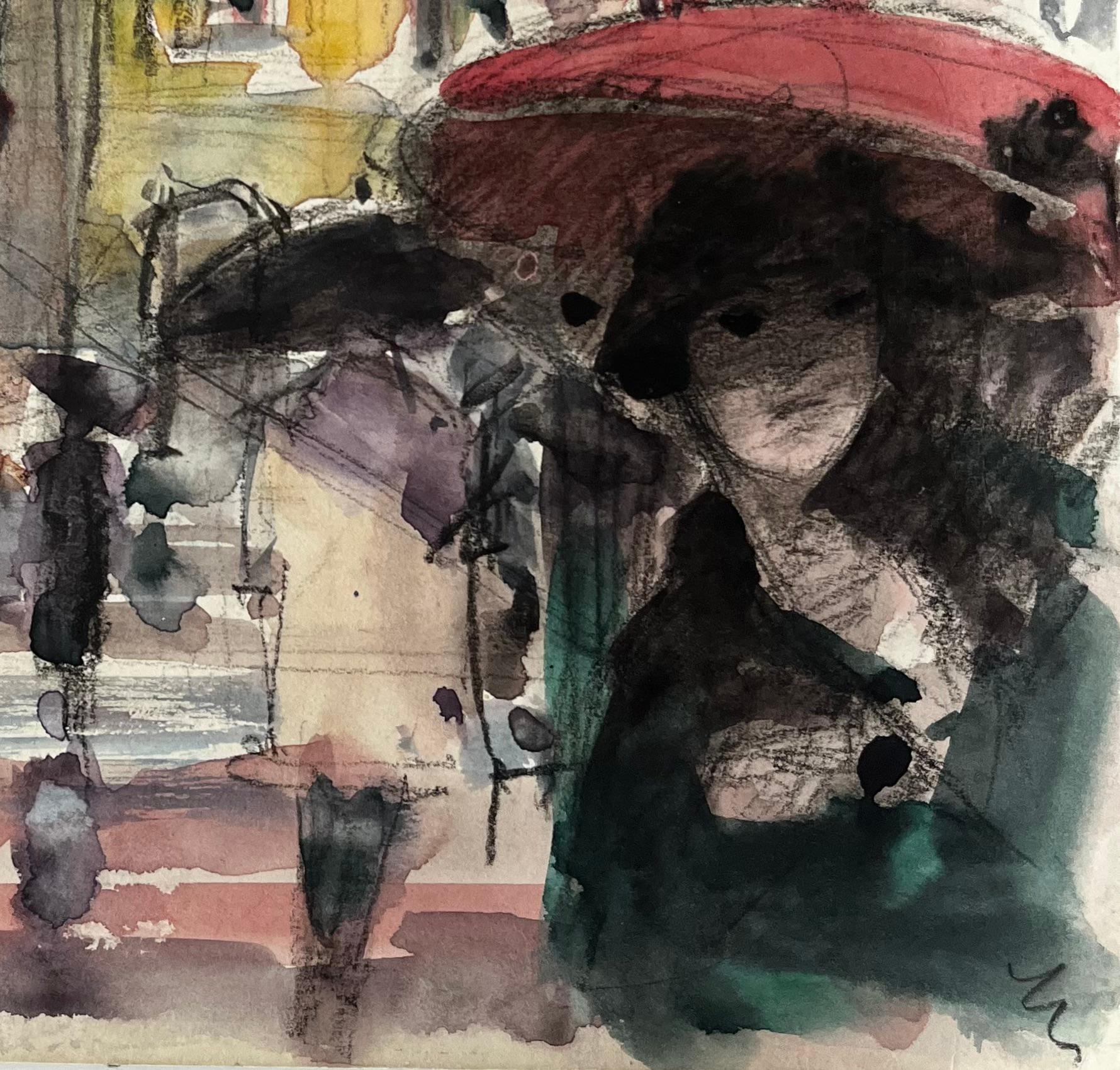 Scène de rue à Paris avec parapluie rouge Attribuée à Pierre Neveu en vente 4