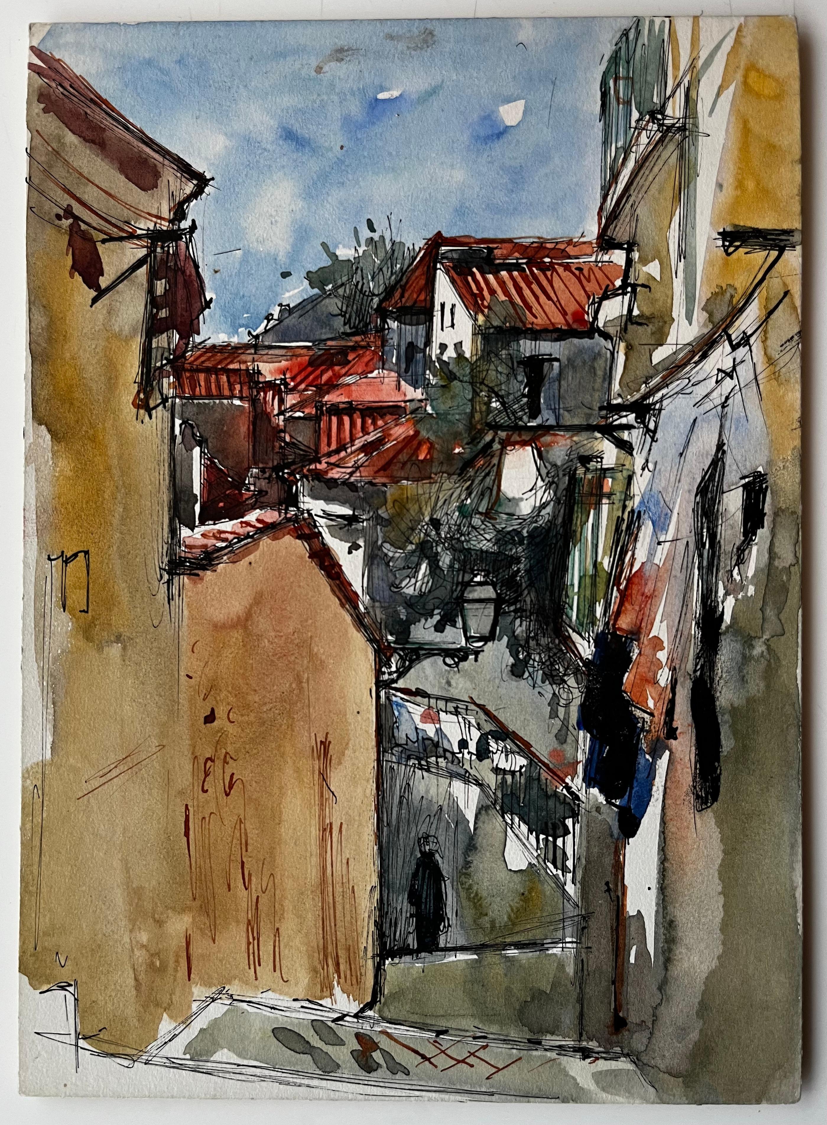 Sonnenbeschienene mediterrane Gasse mit roten Dächern Aquarell von Pierre Neveu im Angebot 1