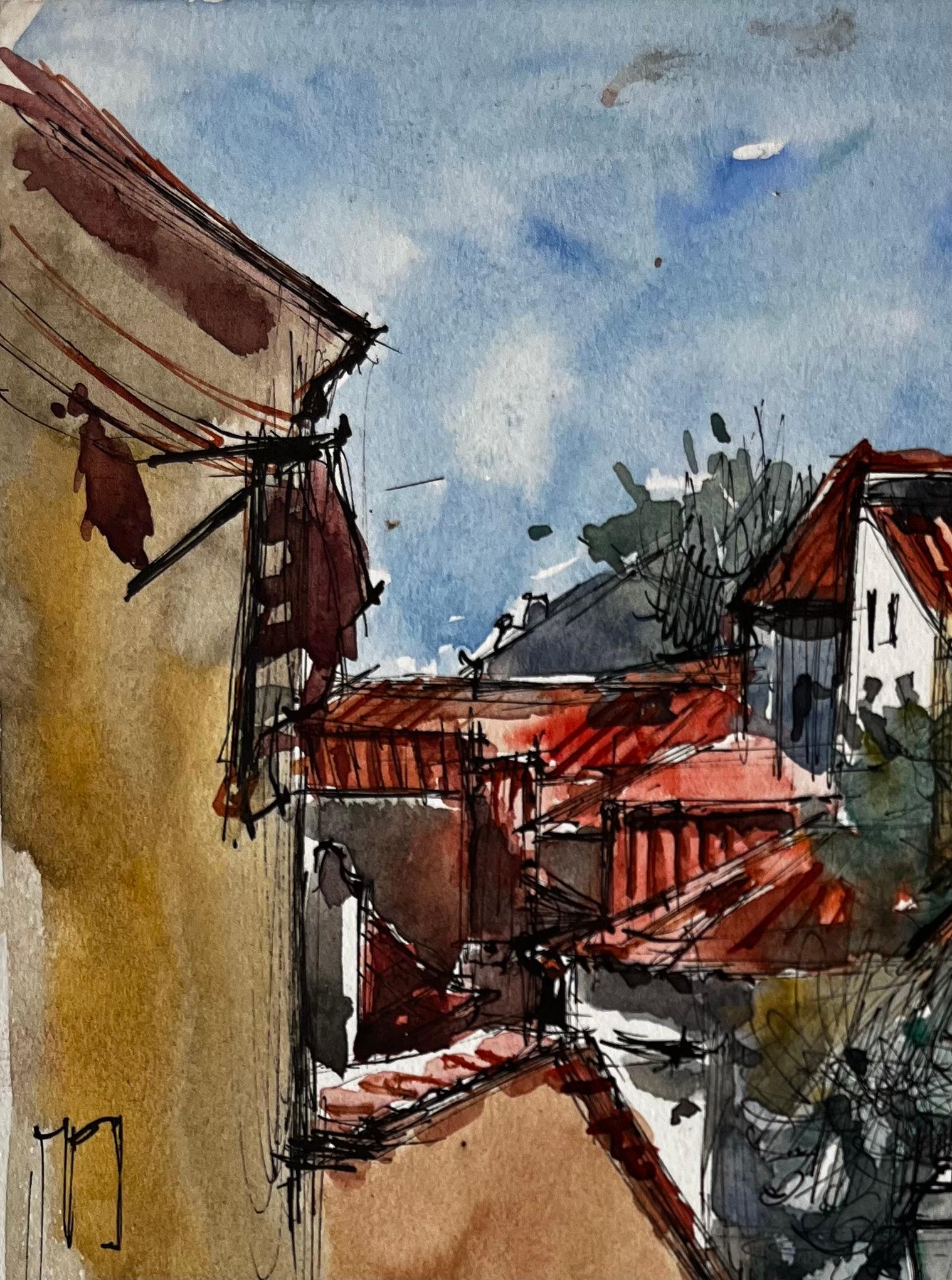 Sonnenbeschienene mediterrane Gasse mit roten Dächern Aquarell von Pierre Neveu im Angebot 3