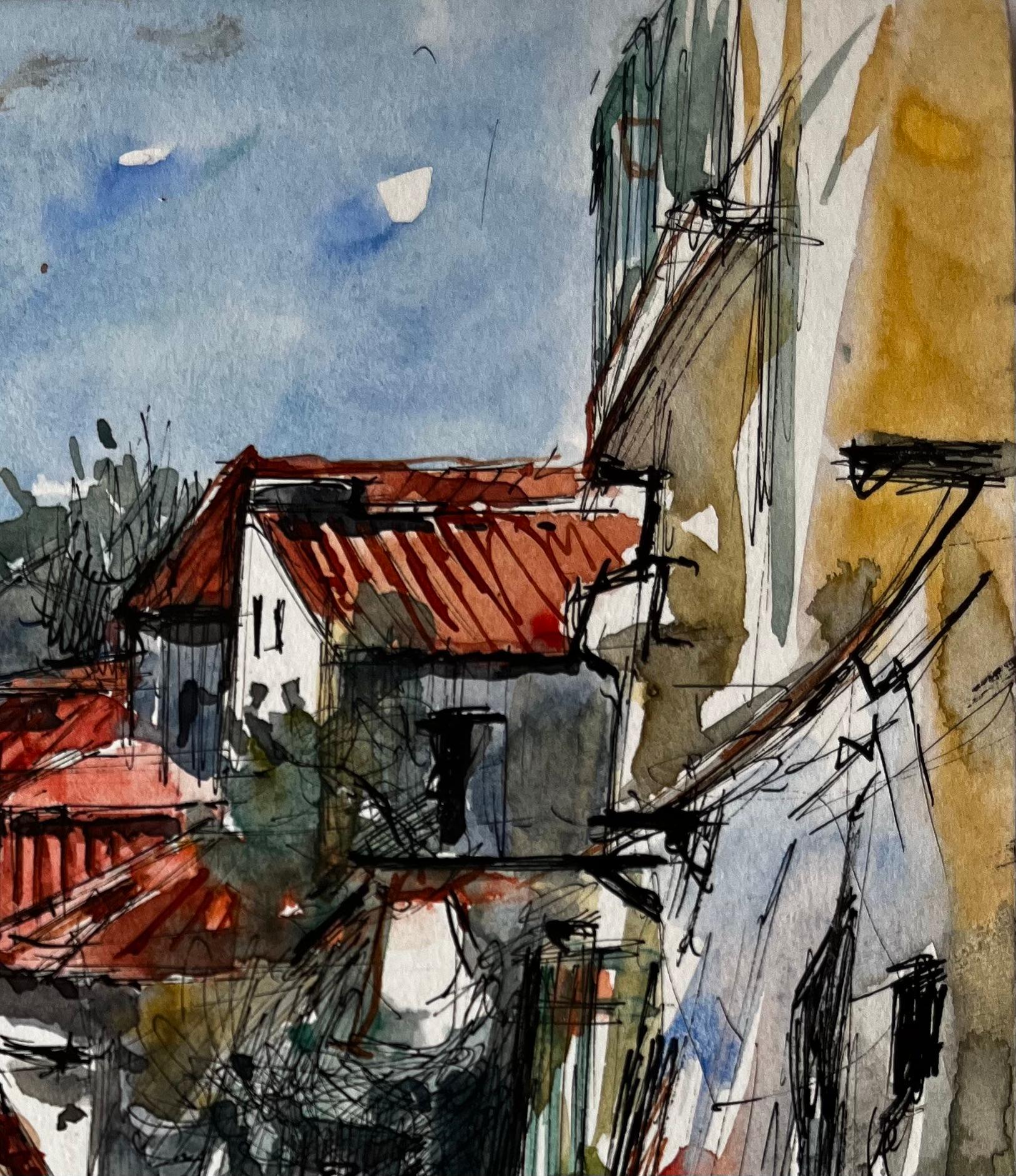 Sonnenbeschienene mediterrane Gasse mit roten Dächern Aquarell von Pierre Neveu im Angebot 2