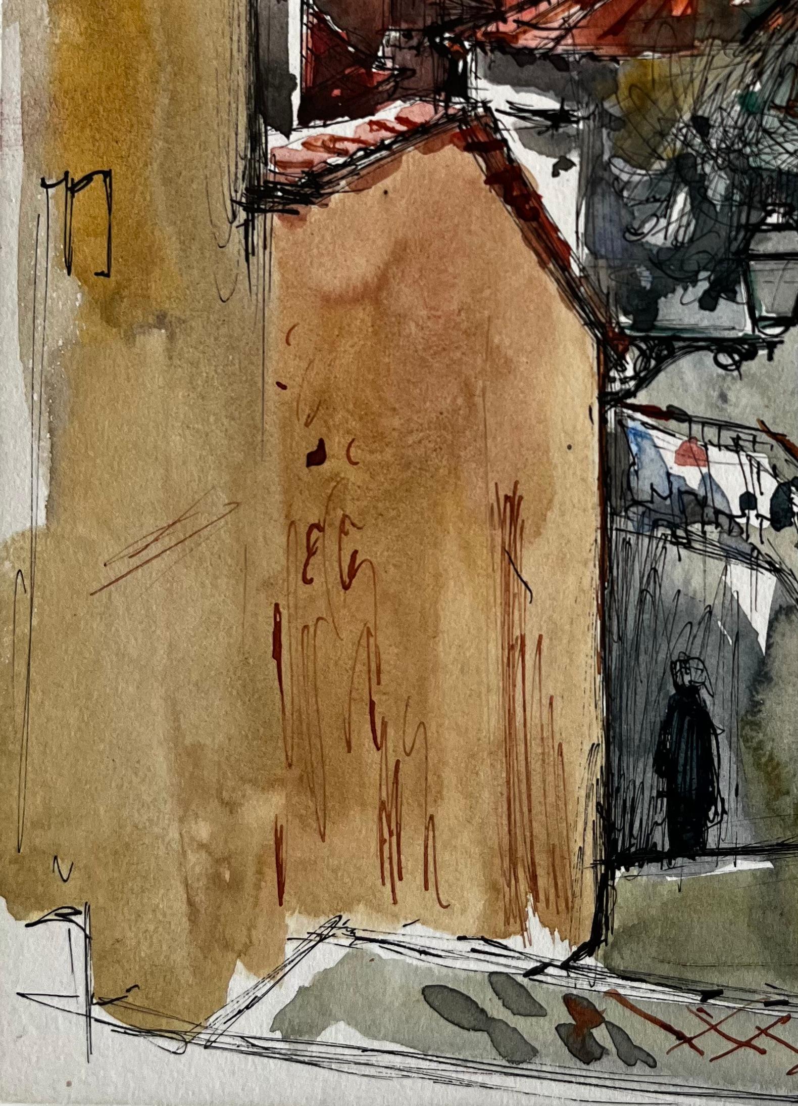 Sonnenbeschienene mediterrane Gasse mit roten Dächern Aquarell von Pierre Neveu im Angebot 5