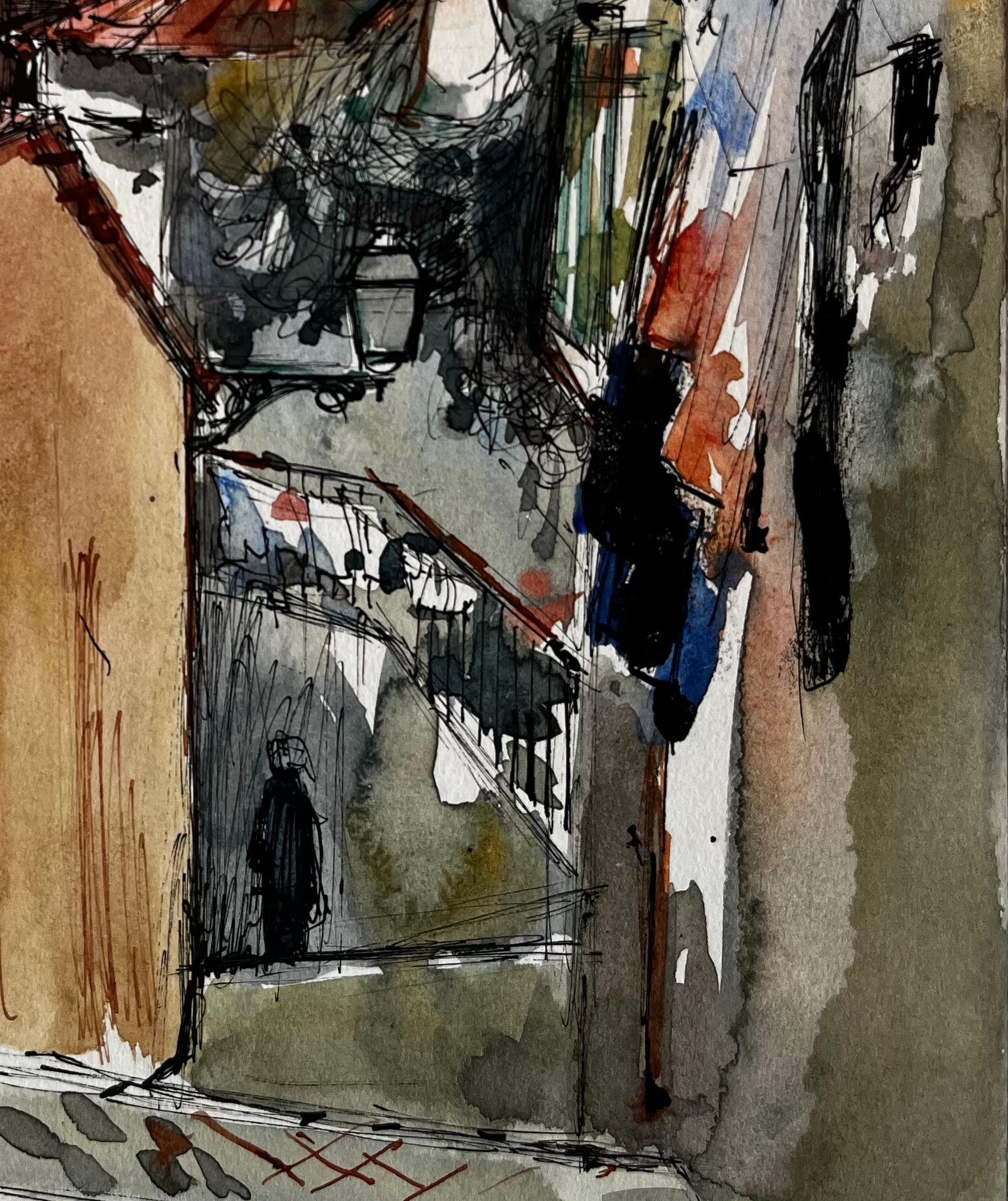 Sonnenbeschienene mediterrane Gasse mit roten Dächern Aquarell von Pierre Neveu im Angebot 4