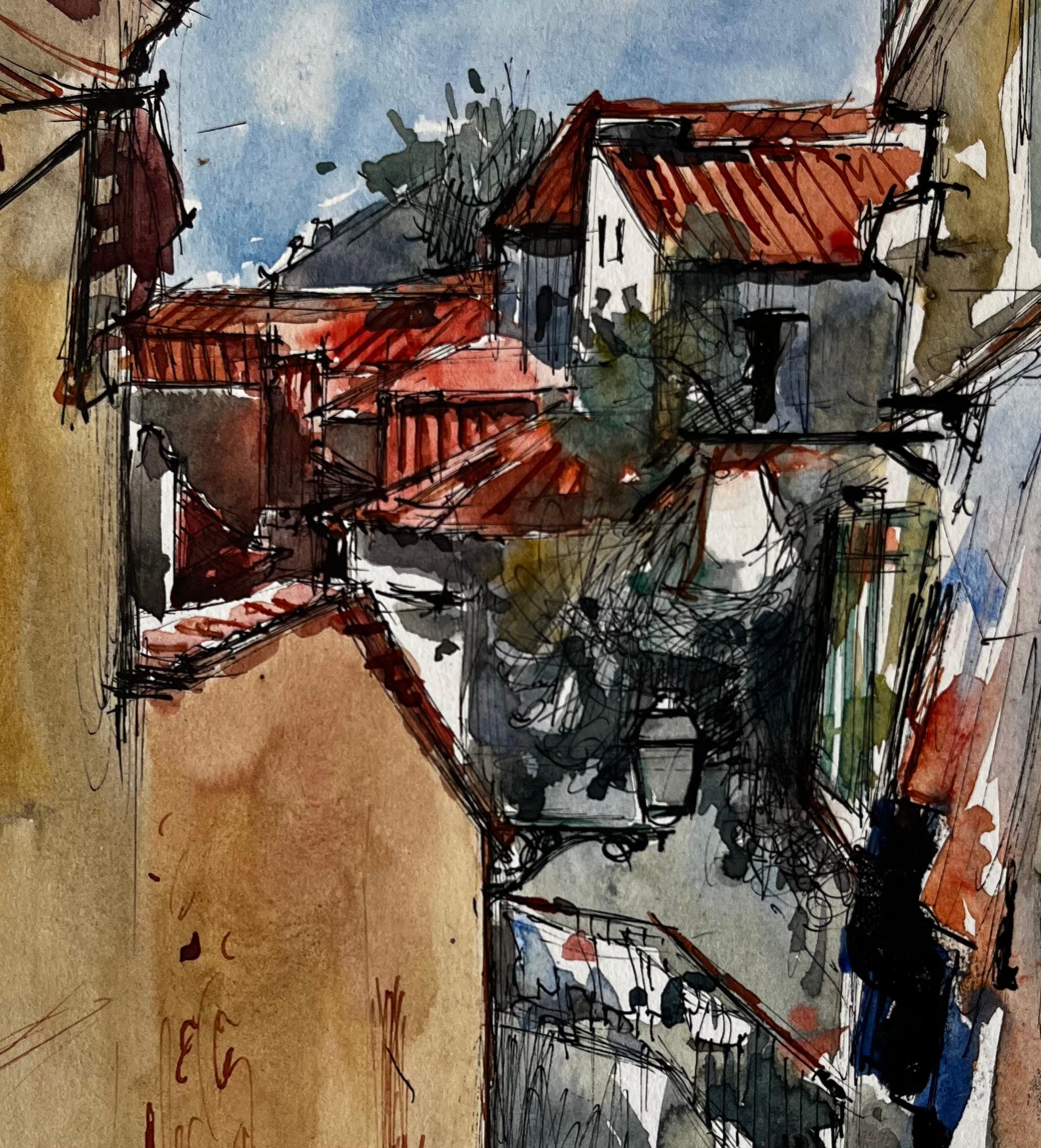 Sonnenbeschienene mediterrane Gasse mit roten Dächern Aquarell von Pierre Neveu im Angebot 6