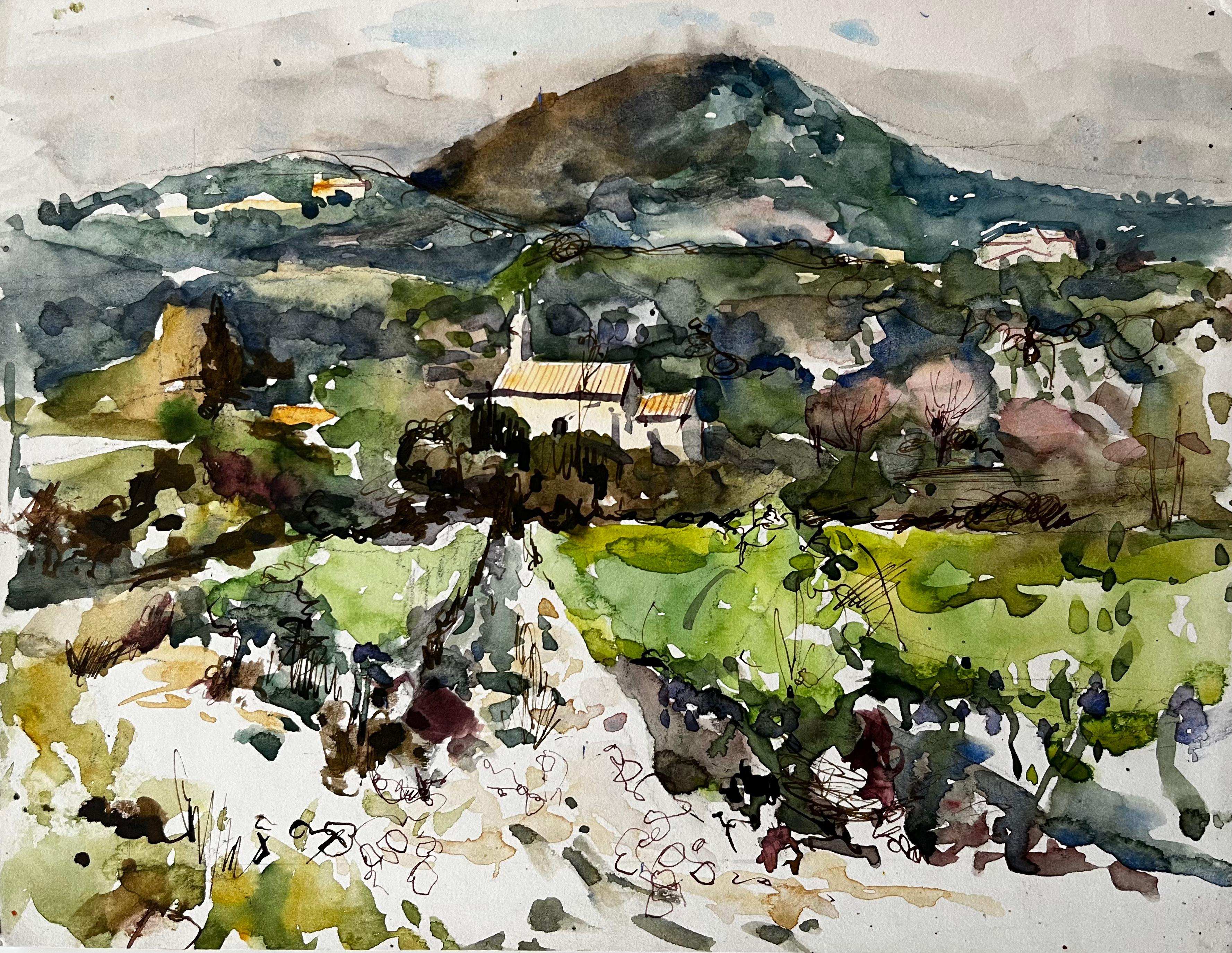 French Countryside Watercolour Landscape with Distant Hill and Farmhouse