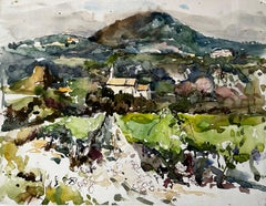 French Countryside Watercolour Landscape with Distant Hill and Farmhouse