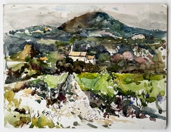 French Countryside Watercolour Landscape with Distant Hill and Farmhouse