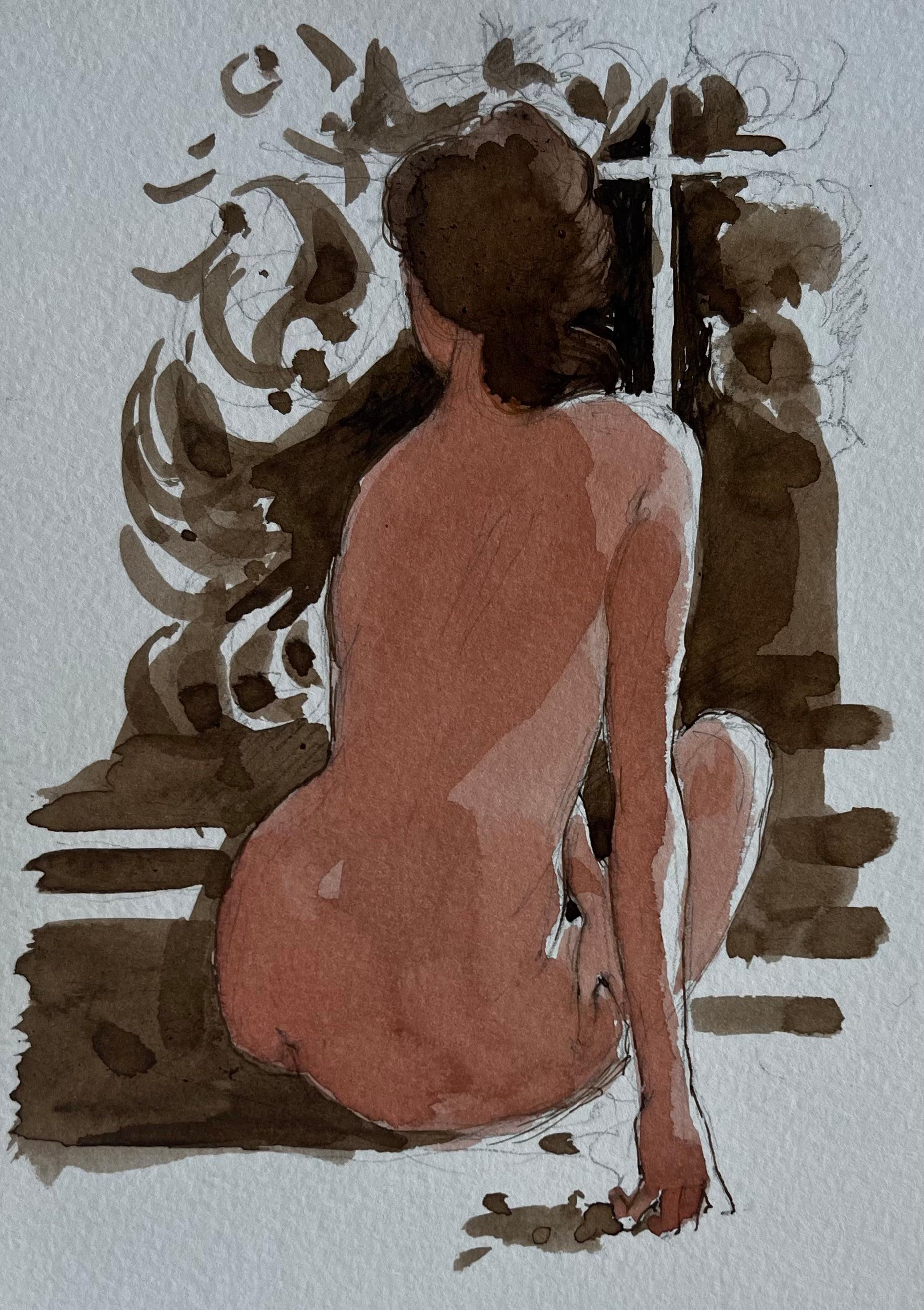 Nu féminin assis par la fenêtre Aquarelle moderniste française Étude de figure