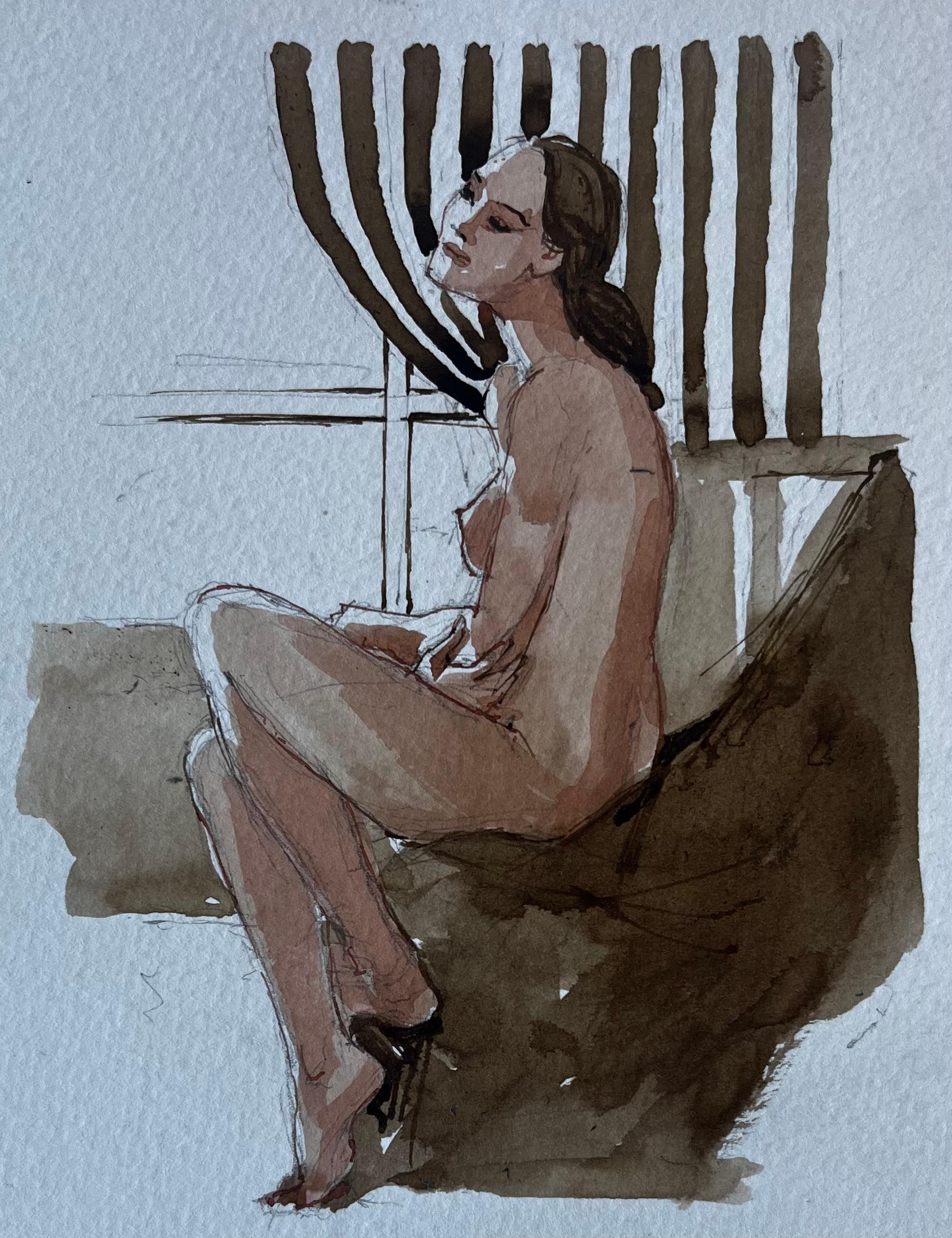 Nu féminin assis avec rideau rayé Aquarelle moderniste française Figure