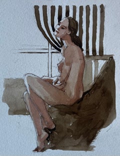 Nudo femminile seduto con tenda a righe Figura acquerello modernista francese