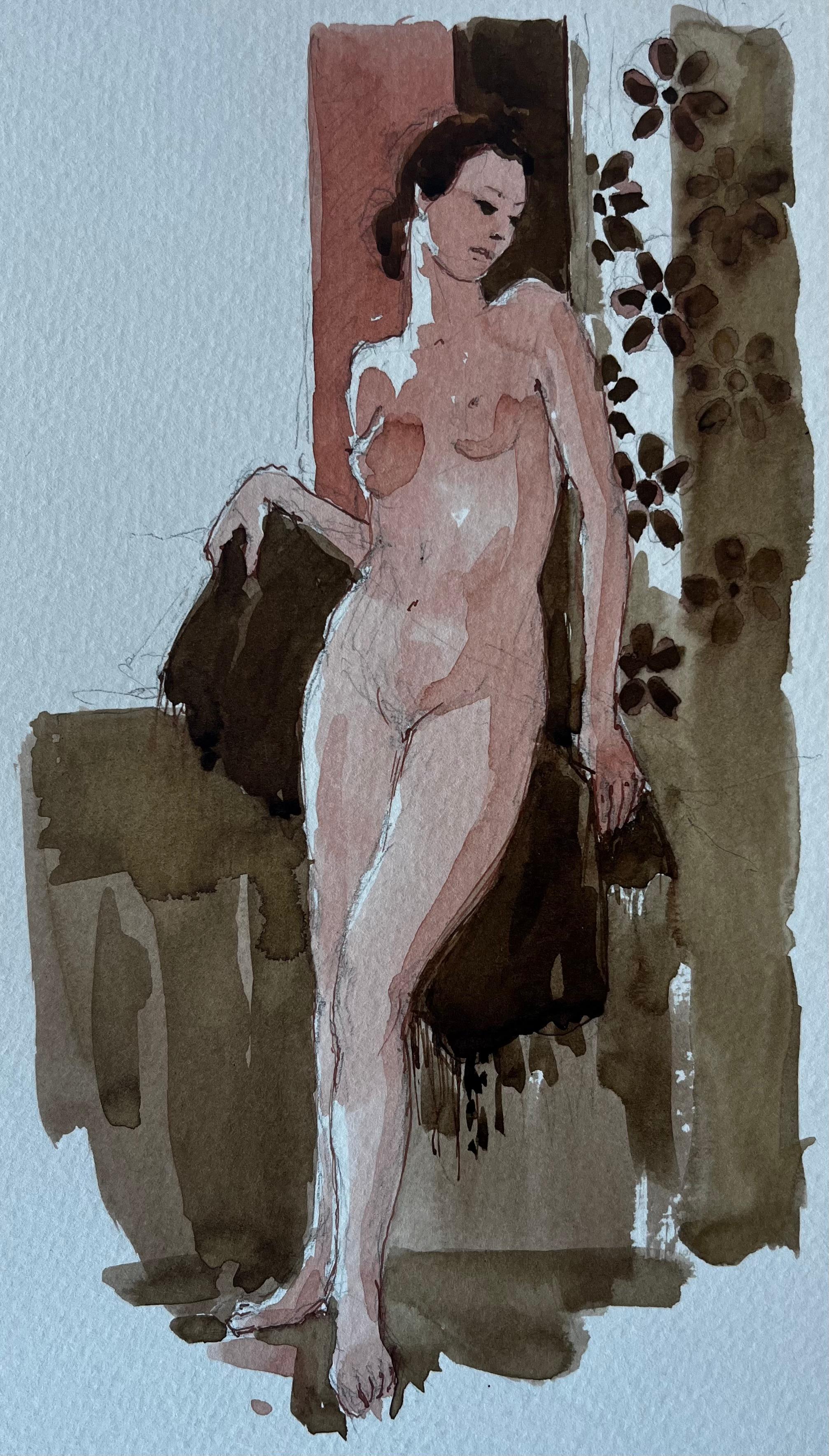 Nu féminin debout avec motif floral Figure aquarelle moderniste française