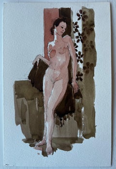 Stehender weiblicher Akt mit floralem Muster Französische Aquarellfigur der Moderne