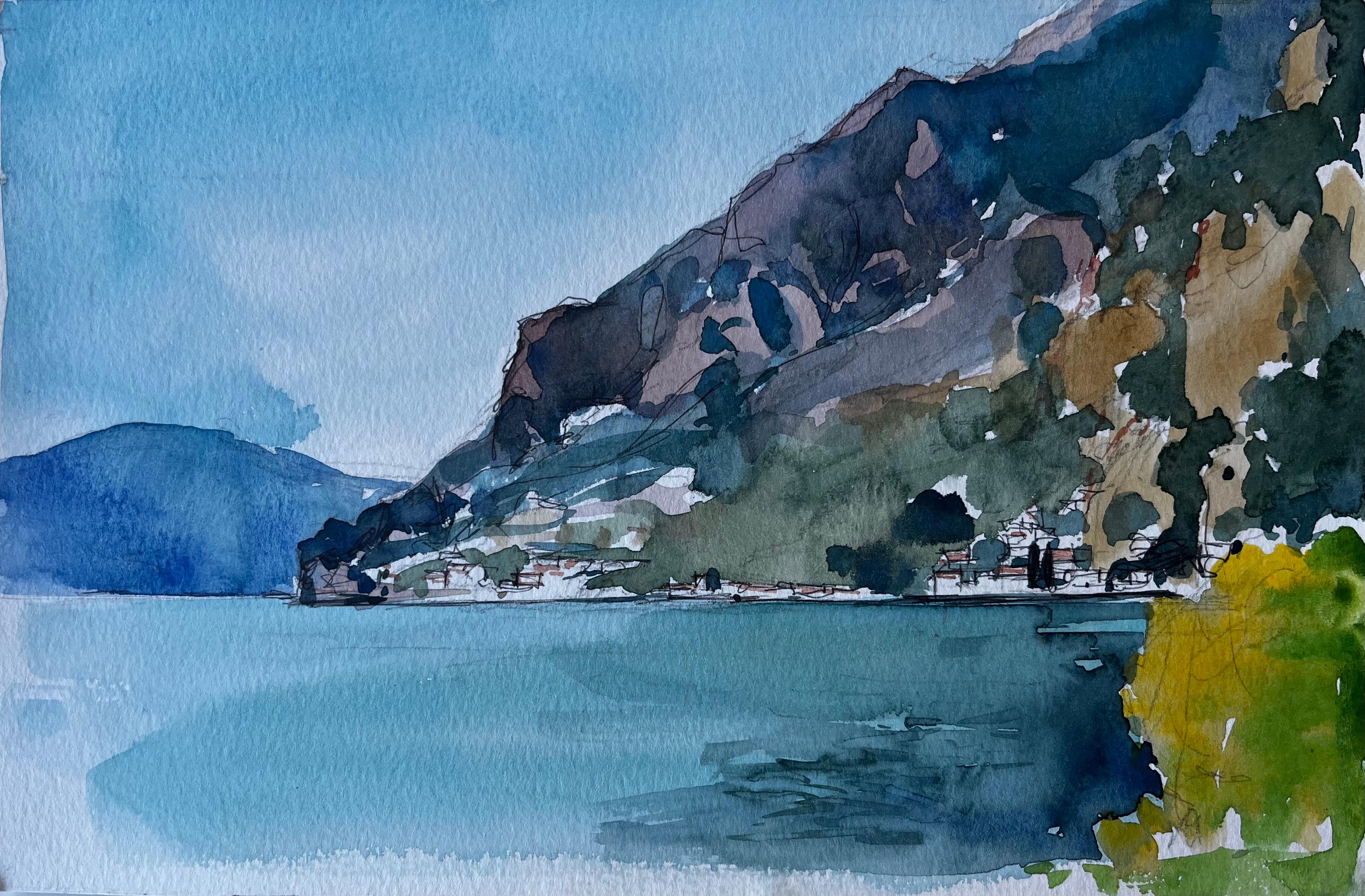 Paisaje de montaña junto a un lago Acuarela modernista francesa de Pierre Neveu