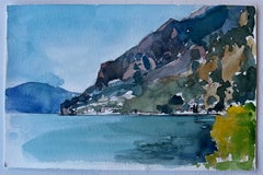 Berglandschaft am See Französisches Aquarell der Moderne von Pierre Neveu