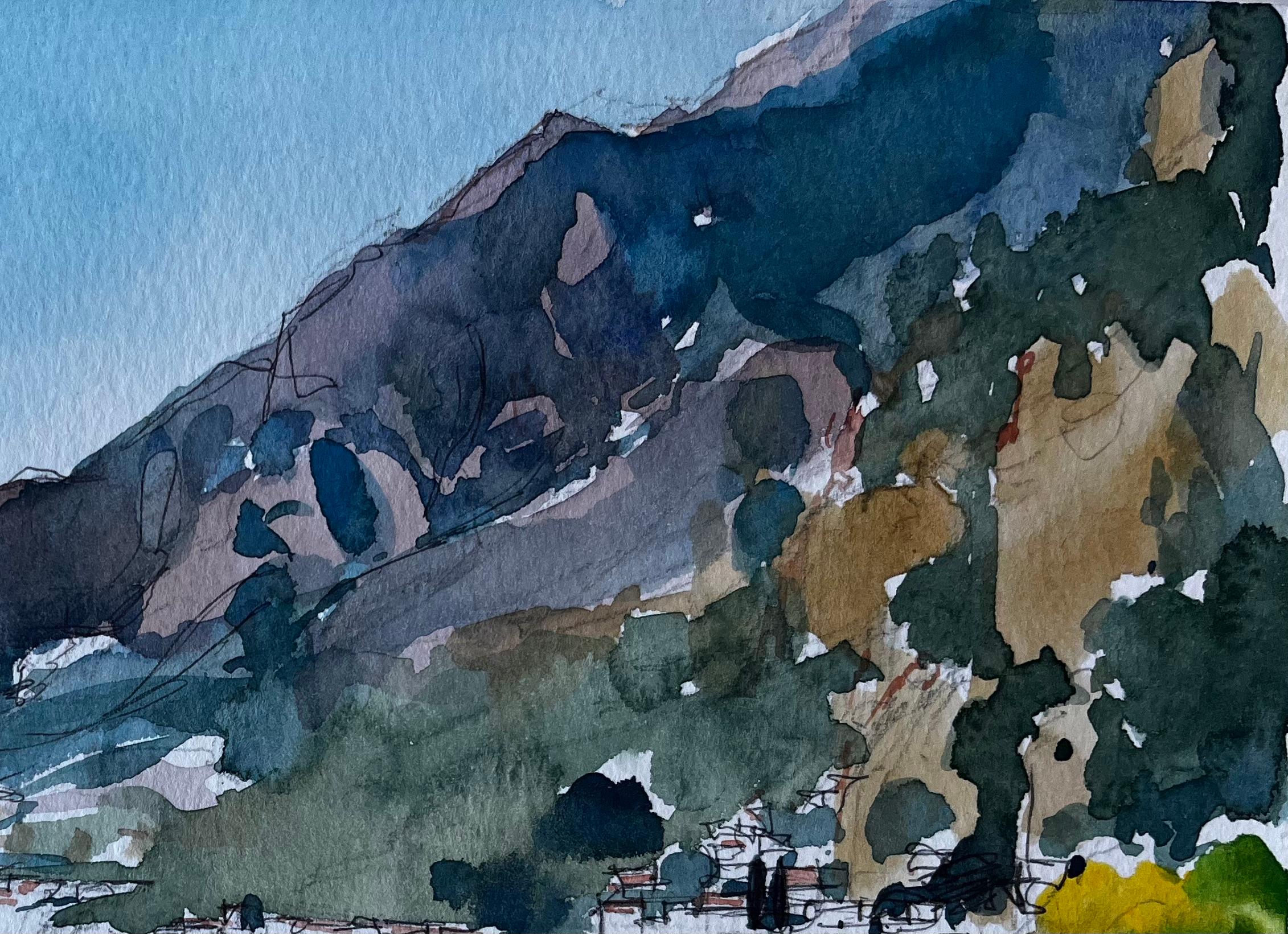 Paisaje de montaña junto a un lago Acuarela modernista francesa de Pierre Neveu en venta 2