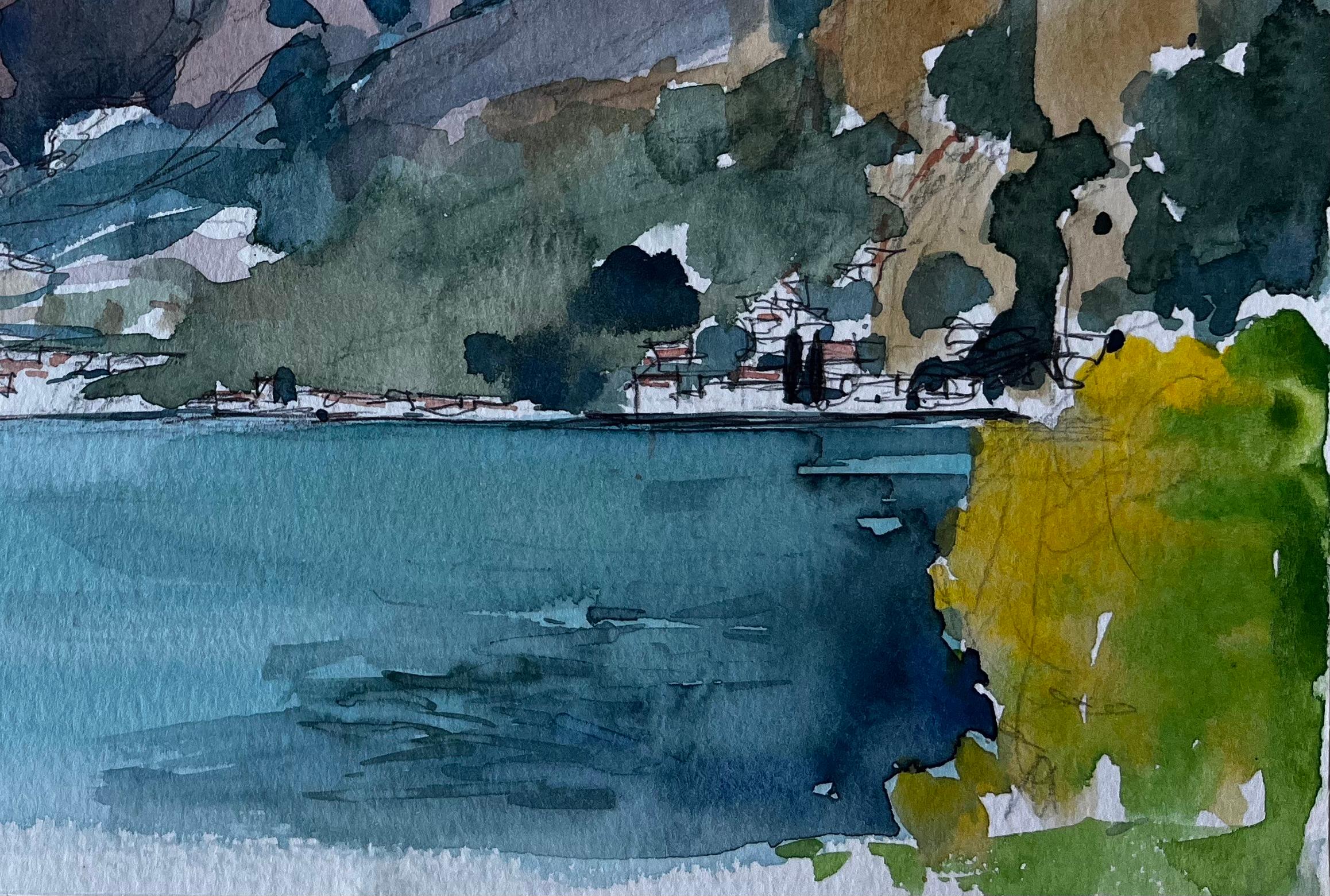 Paisaje de montaña junto a un lago Acuarela modernista francesa de Pierre Neveu en venta 3