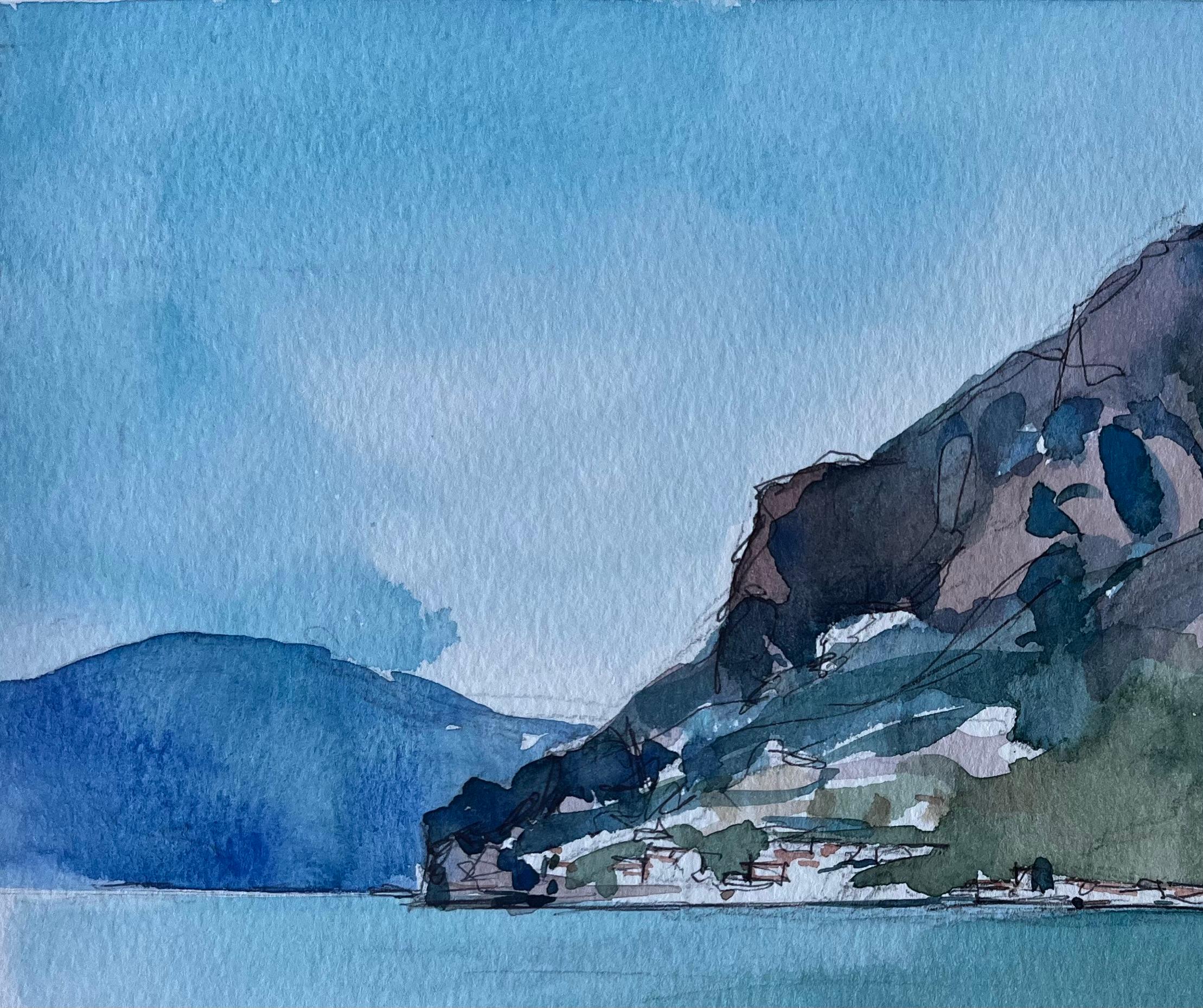 Paisaje de montaña junto a un lago Acuarela modernista francesa de Pierre Neveu en venta 4