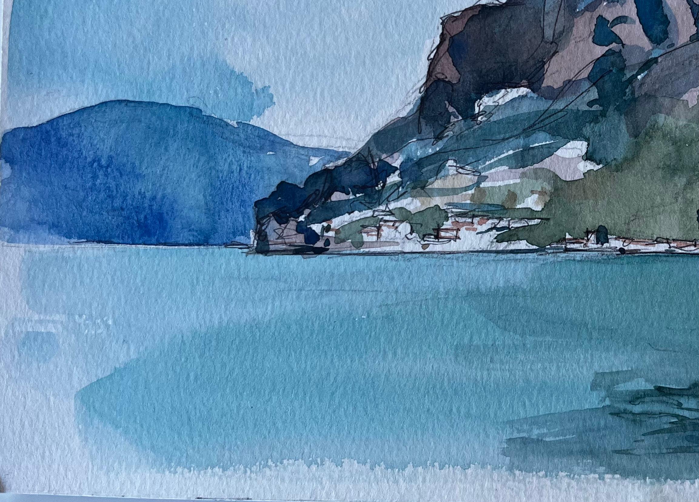 Paisaje de montaña junto a un lago Acuarela modernista francesa de Pierre Neveu en venta 5