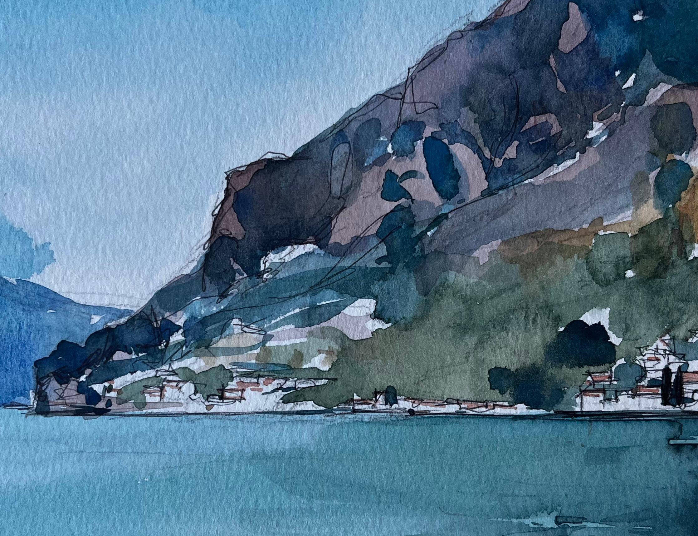 Paisaje de montaña junto a un lago Acuarela modernista francesa de Pierre Neveu en venta 6