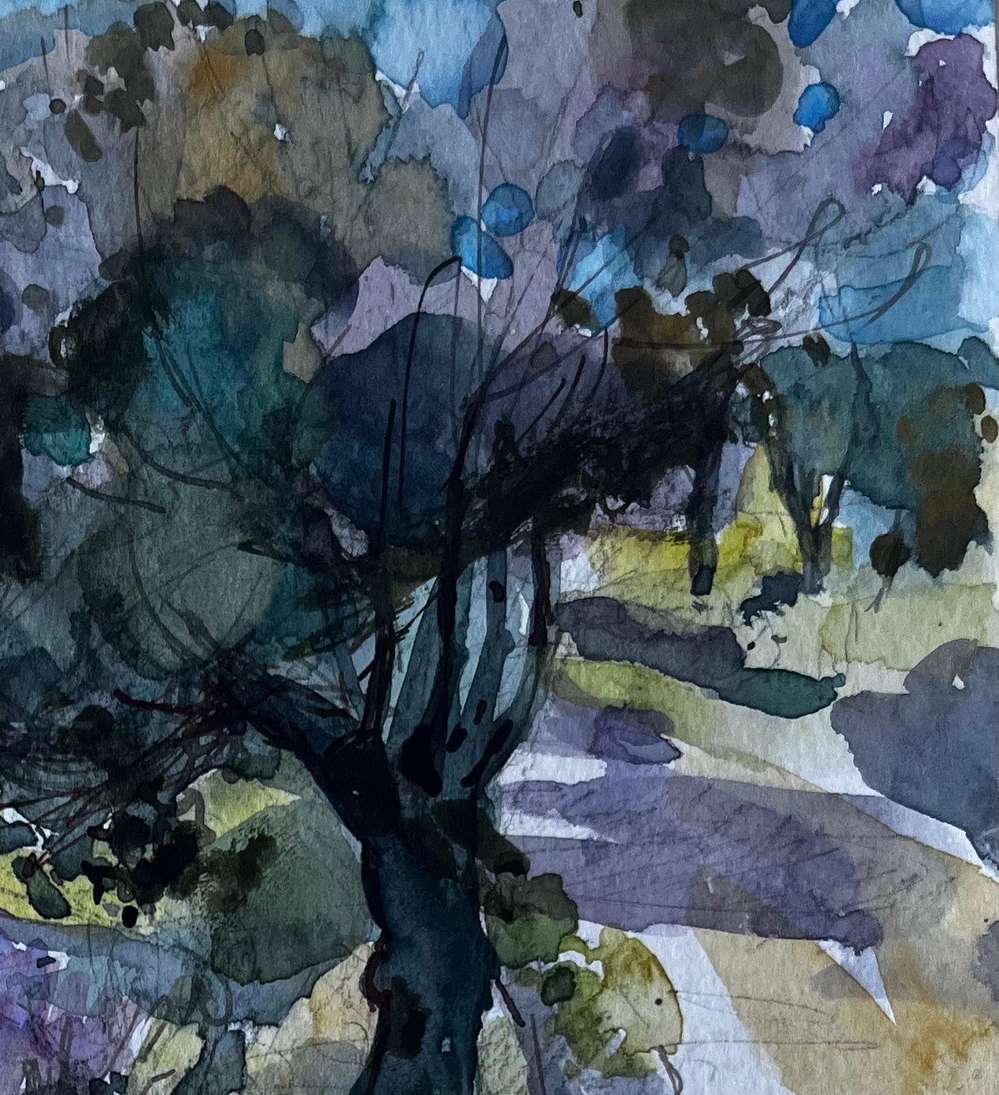 Champs de Grasse Paysage de Provence Aquarelle post-impressionniste française - Painting de Pierre Neveu