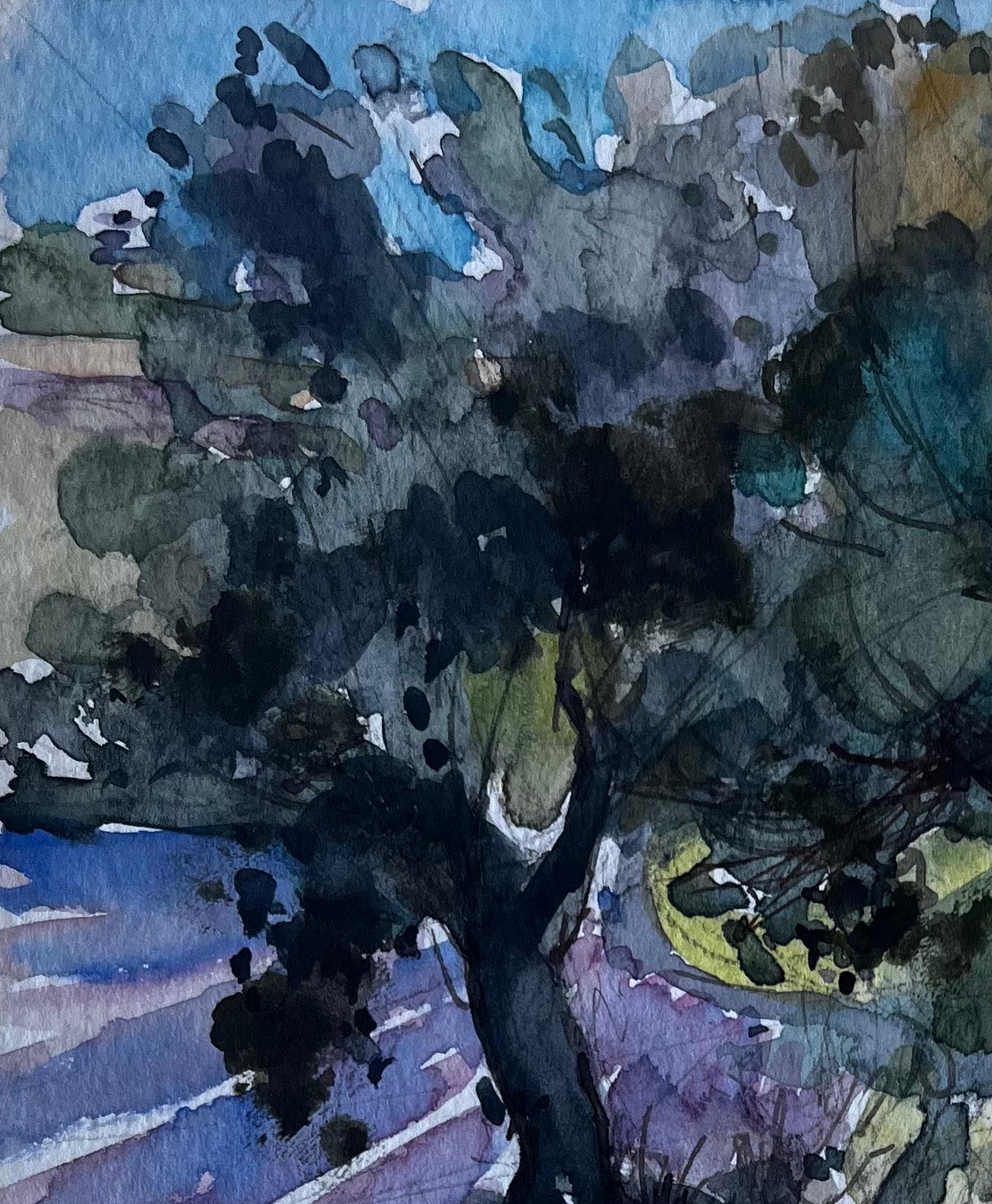 Champs de Grasse Paysage de Provence Aquarelle post-impressionniste française - Noir Landscape Painting par Pierre Neveu