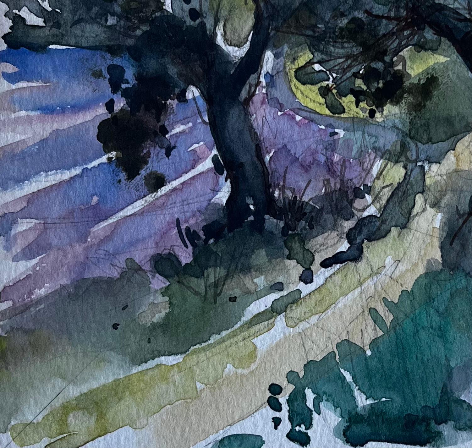 Champs de Grasse Paysage de Provence Aquarelle post-impressionniste française en vente 1