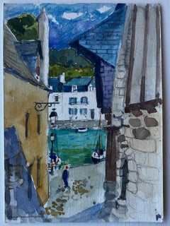 Scène de rue portuaire Village côtier breton Aquarelle moderniste française