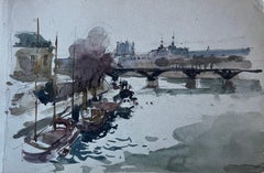 Scena fluviale di Parigi con ponte e barche Acquerello modernista francese