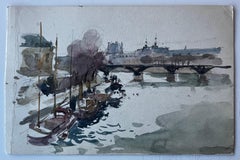 Paris River Scene with Bridge and Boats French Modernist Watercolour