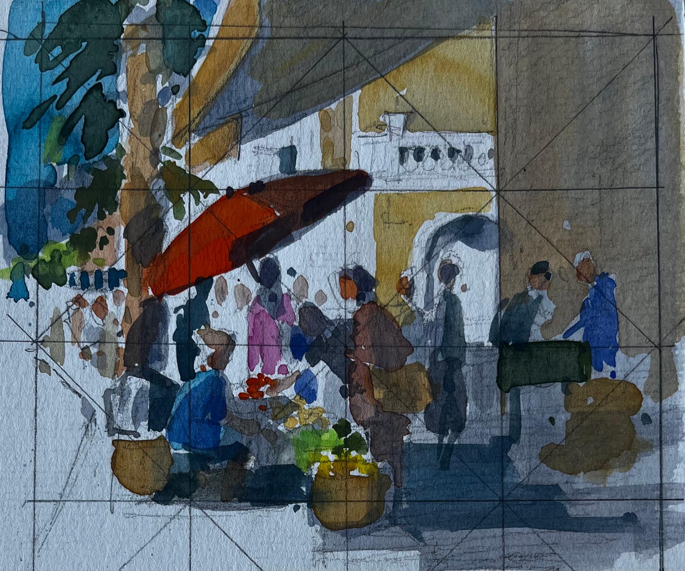 Scena del mercato di Parigi Acquerello modernista francese di Pierre Neveu