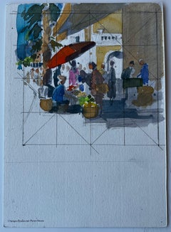 Paris Street Market Scene French Modernist Watercolour by Pierre Neveu