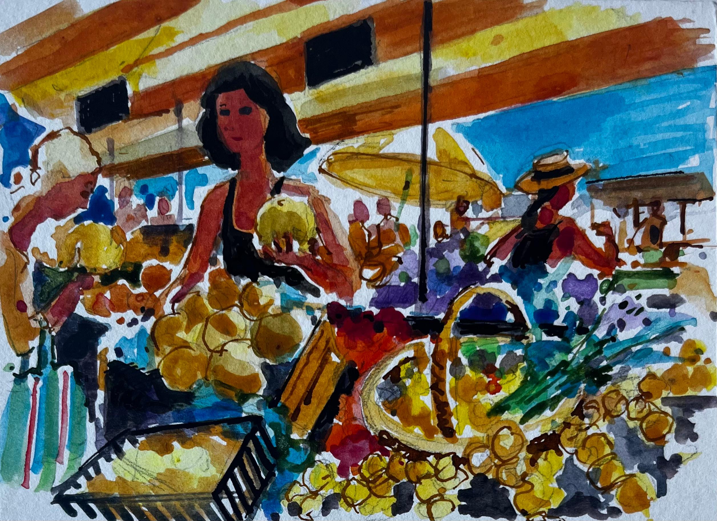 Scène de marché français avec étalage de fruits Dessin moderniste au feutre et à la gouache