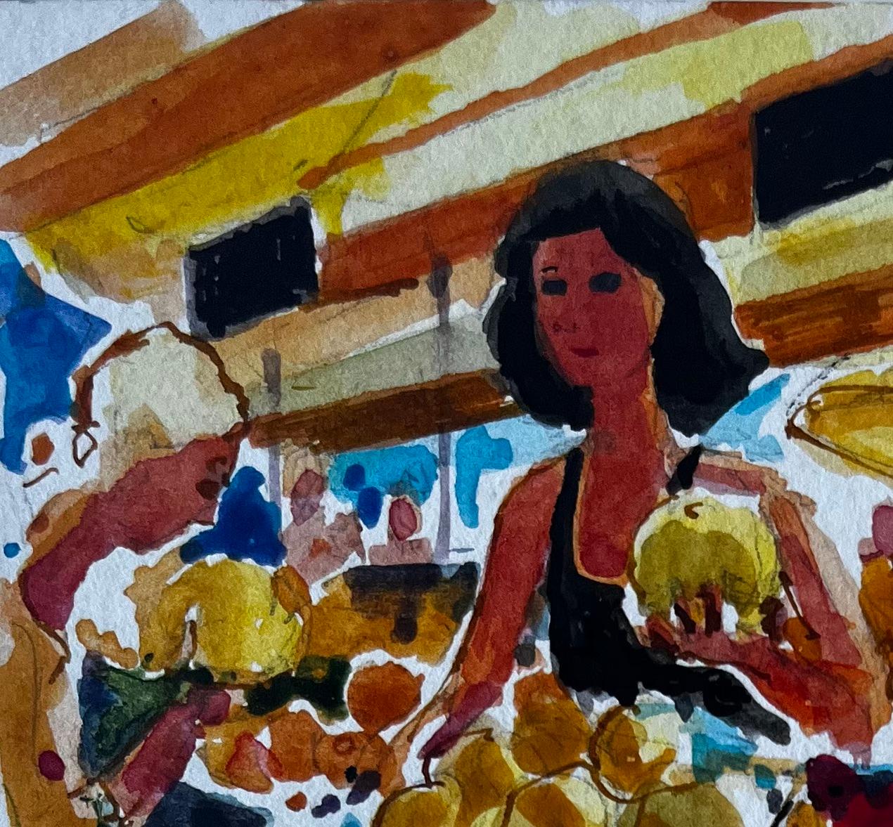 Scène de marché français avec étalage de fruits Dessin moderniste au feutre et à la gouache - Art de Pierre Neveu