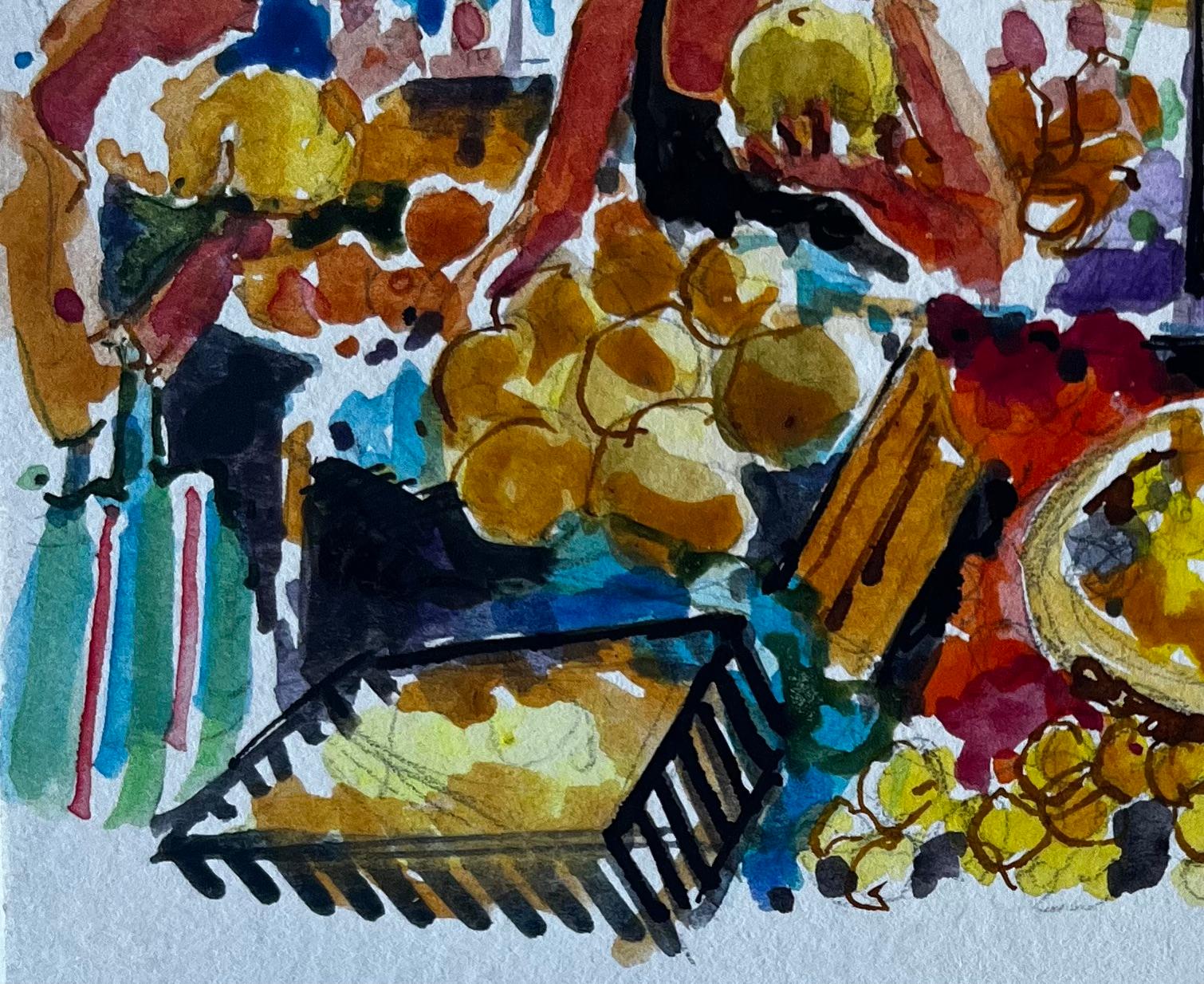 Scène de marché français avec étalage de fruits Dessin moderniste au feutre et à la gouache en vente 1