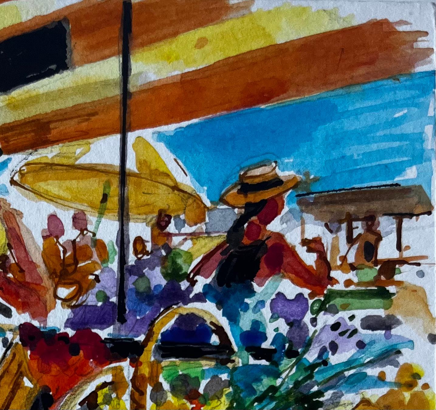 Scène de marché français avec étalage de fruits Dessin moderniste au feutre et à la gouache - Noir Landscape Art par Pierre Neveu