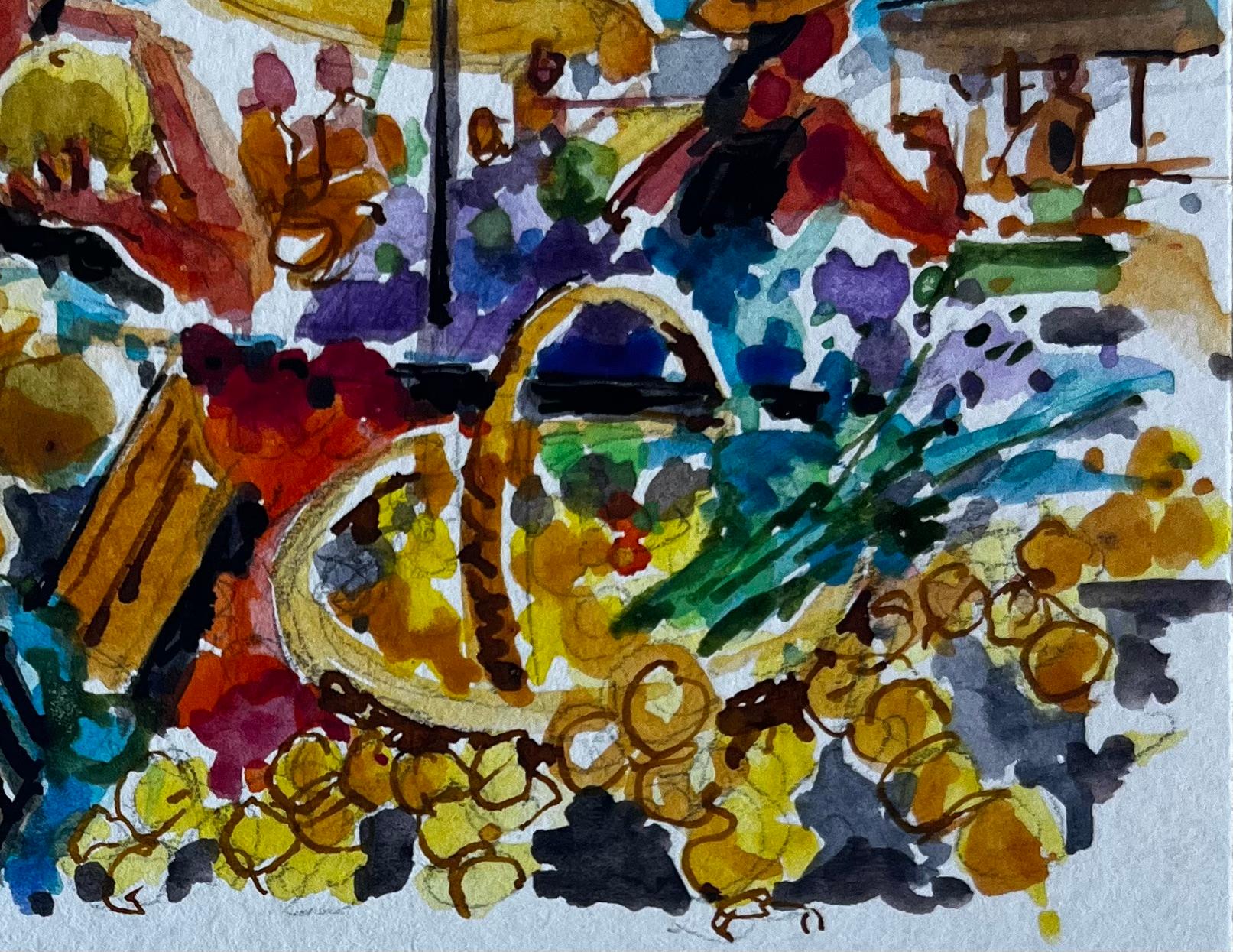 Titre : Scène de marché français avec étalage de fruits Dessin moderniste au feutre et à la gouache
Artistics : Pierre Neveu (français né en 1929)
Support : Feutre et gouache sur carton, non encadré
Taille (H x L) : 8.25 x 5.75 pouces
Condit : Bon