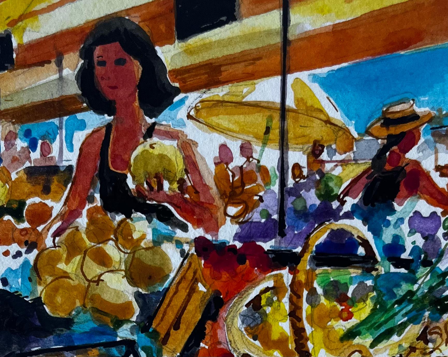 Scène de marché français avec étalage de fruits Dessin moderniste au feutre et à la gouache en vente 2