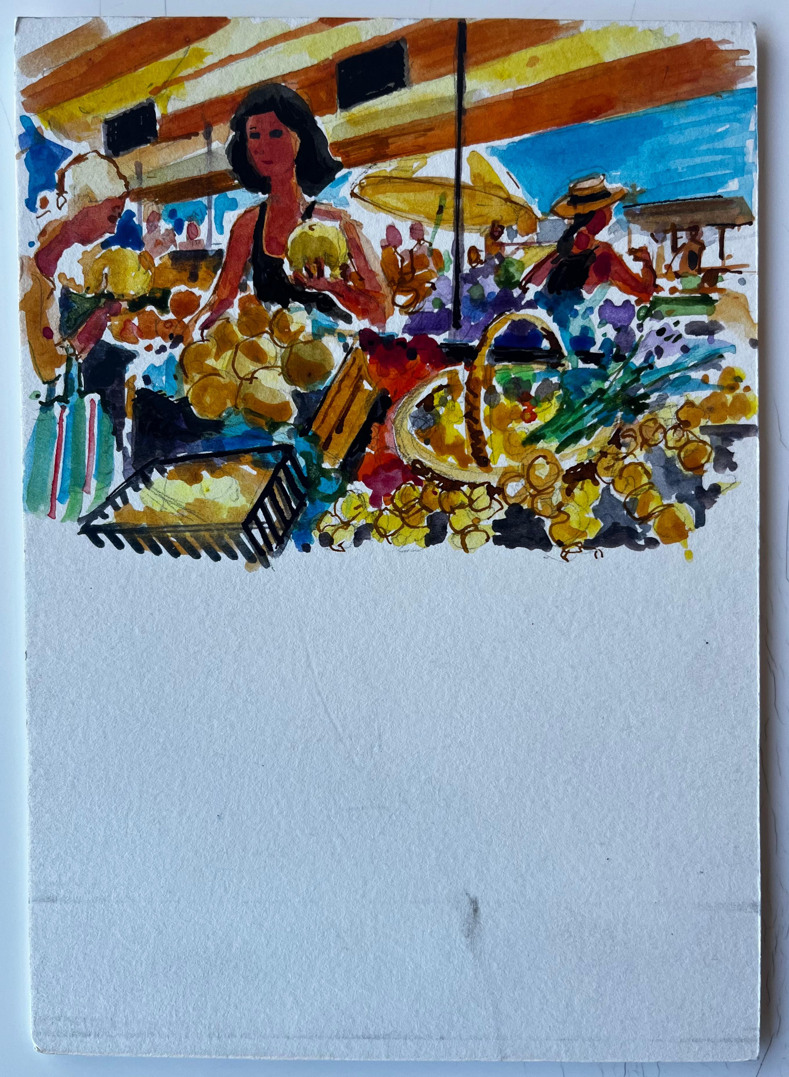 Scène de marché français avec étalage de fruits Dessin moderniste au feutre et à la gouache - Post-impressionnisme Art par Pierre Neveu